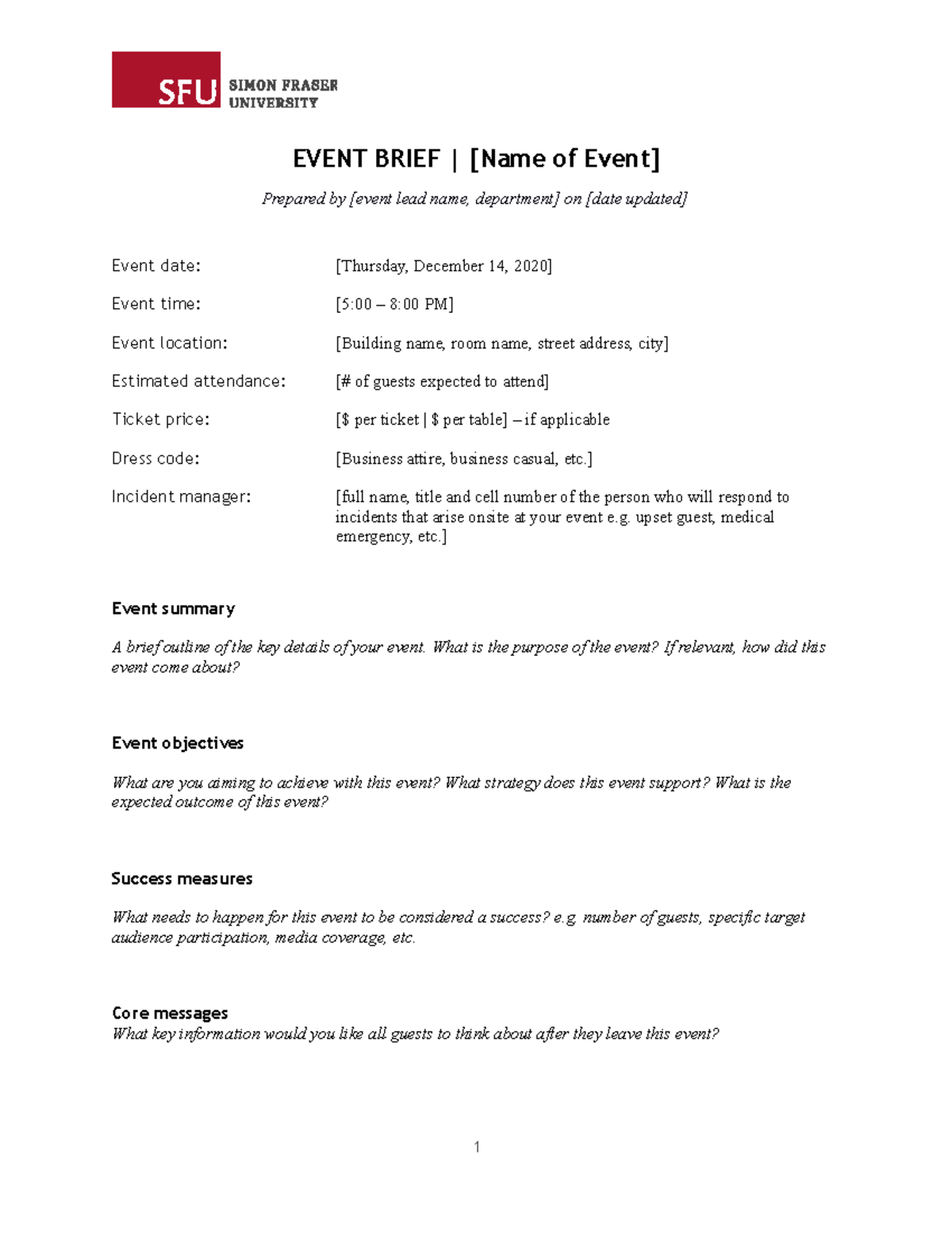 Event Brief Template EVENT BRIEF Name Of Event Prepared By event