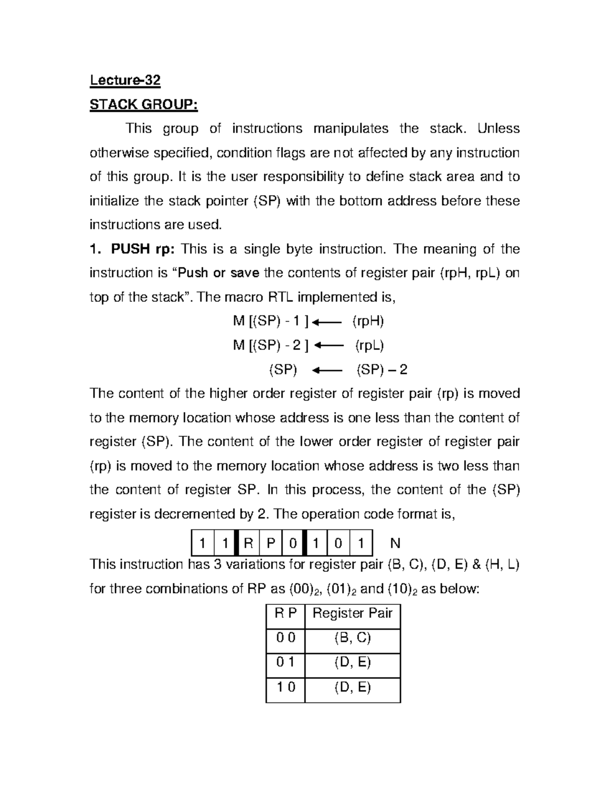 Lecture 32 - STACK GROUP: This group of instructions manipulates the ...