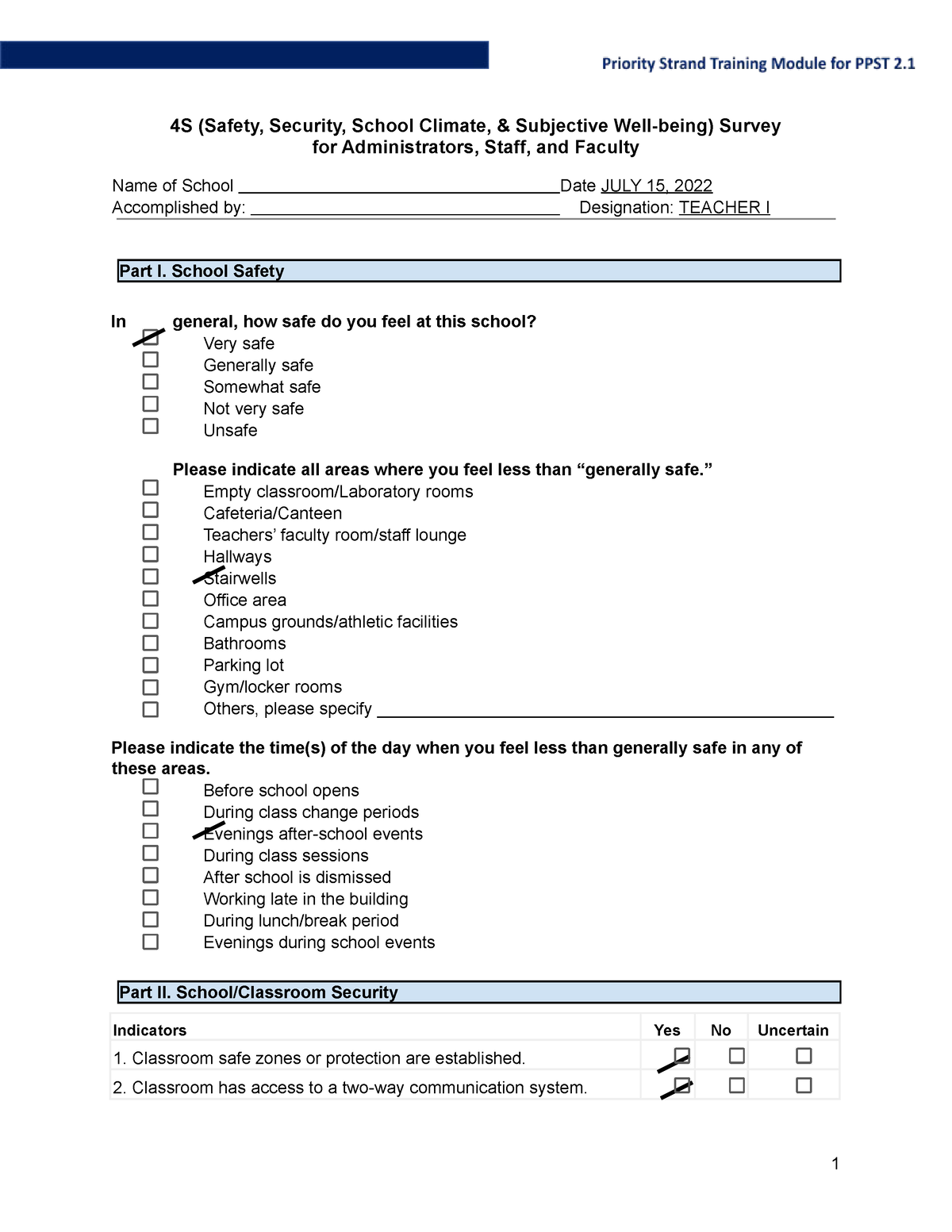 Career Stage 2 School Safety and Security Survey sample 4S (Safety