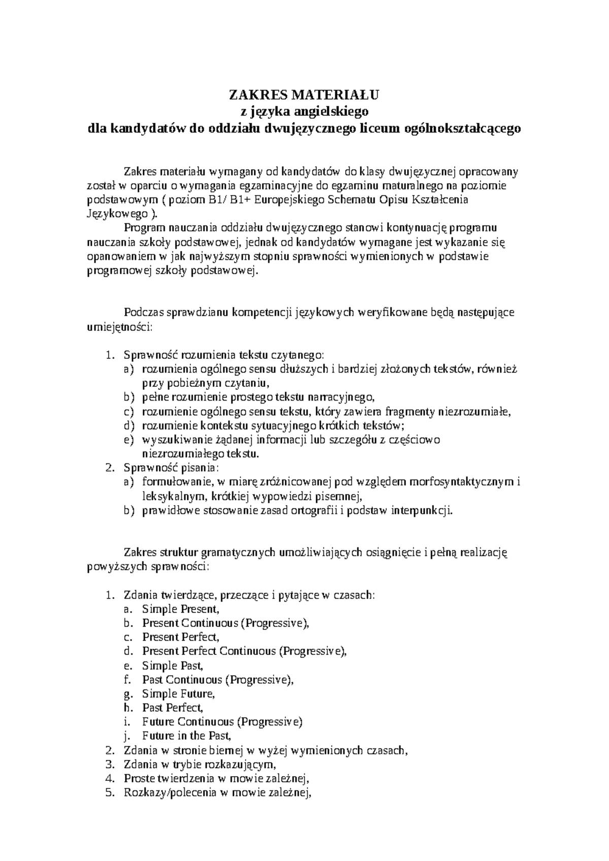 Zakres materiału do sprawdzianu kompetencji językowych - ZAKRES
