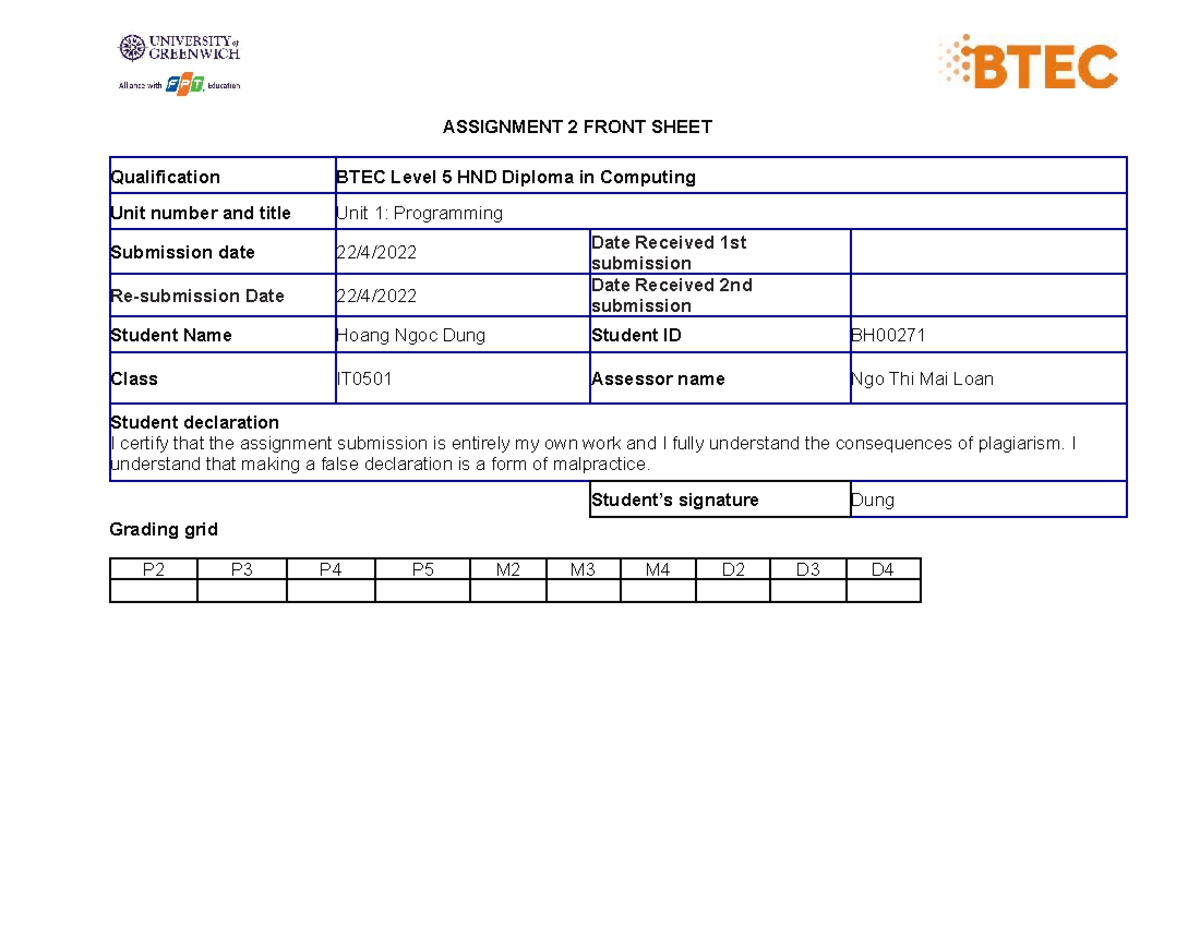 Programming ITIT - ASSIGNMENT 2 FRONT SHEET Qualification BTEC Level 5 ...