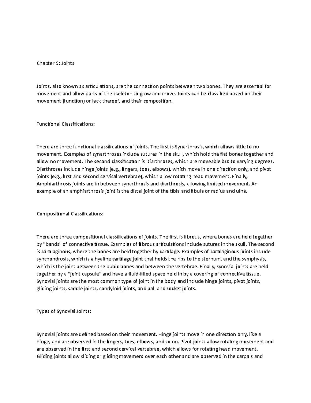 Chapter 9 - Chapter 9: Joints Joints, also known as articulations, are ...