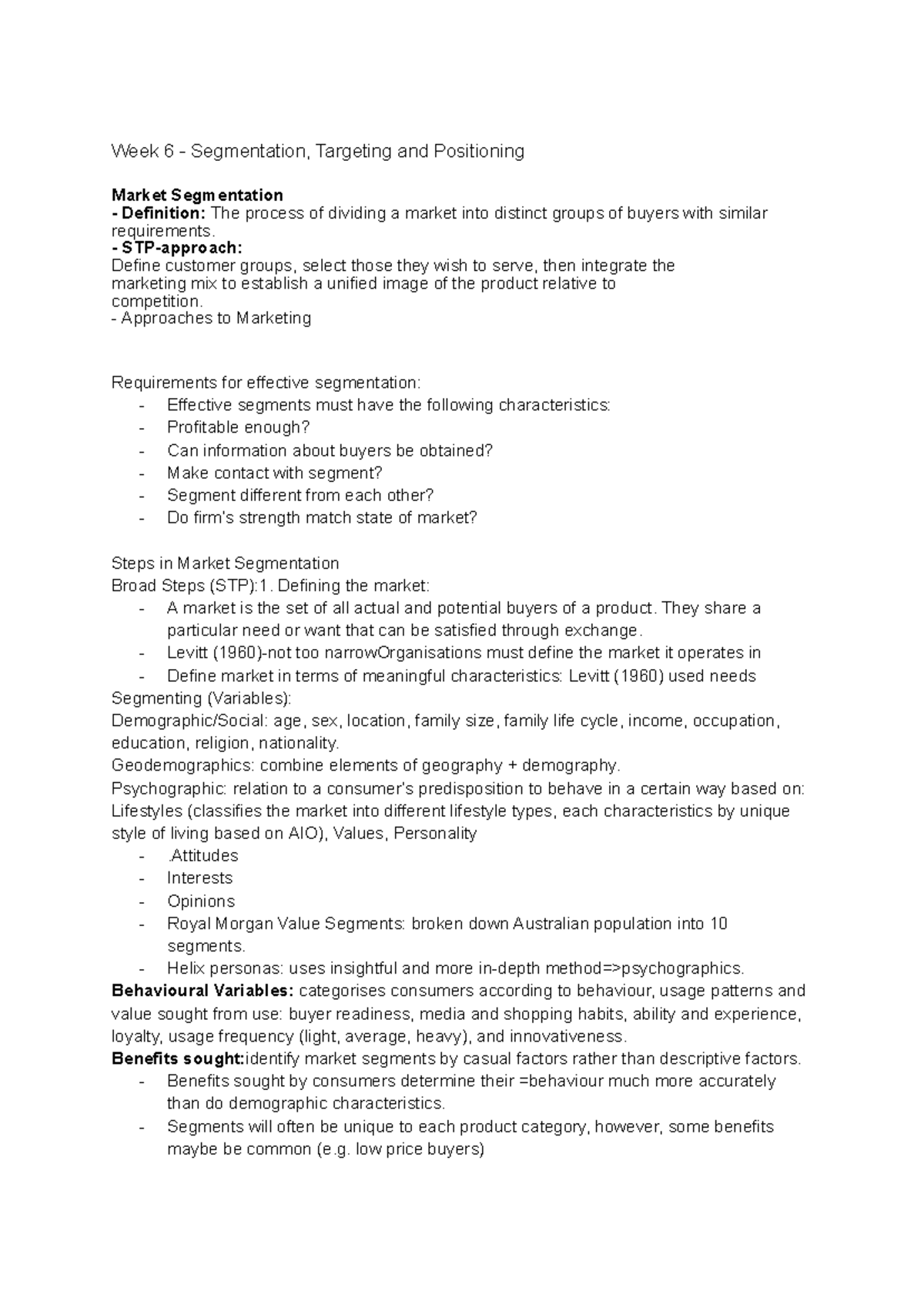 Week 6 - Segmentation, Targeting and Positioning - Week 6 ...