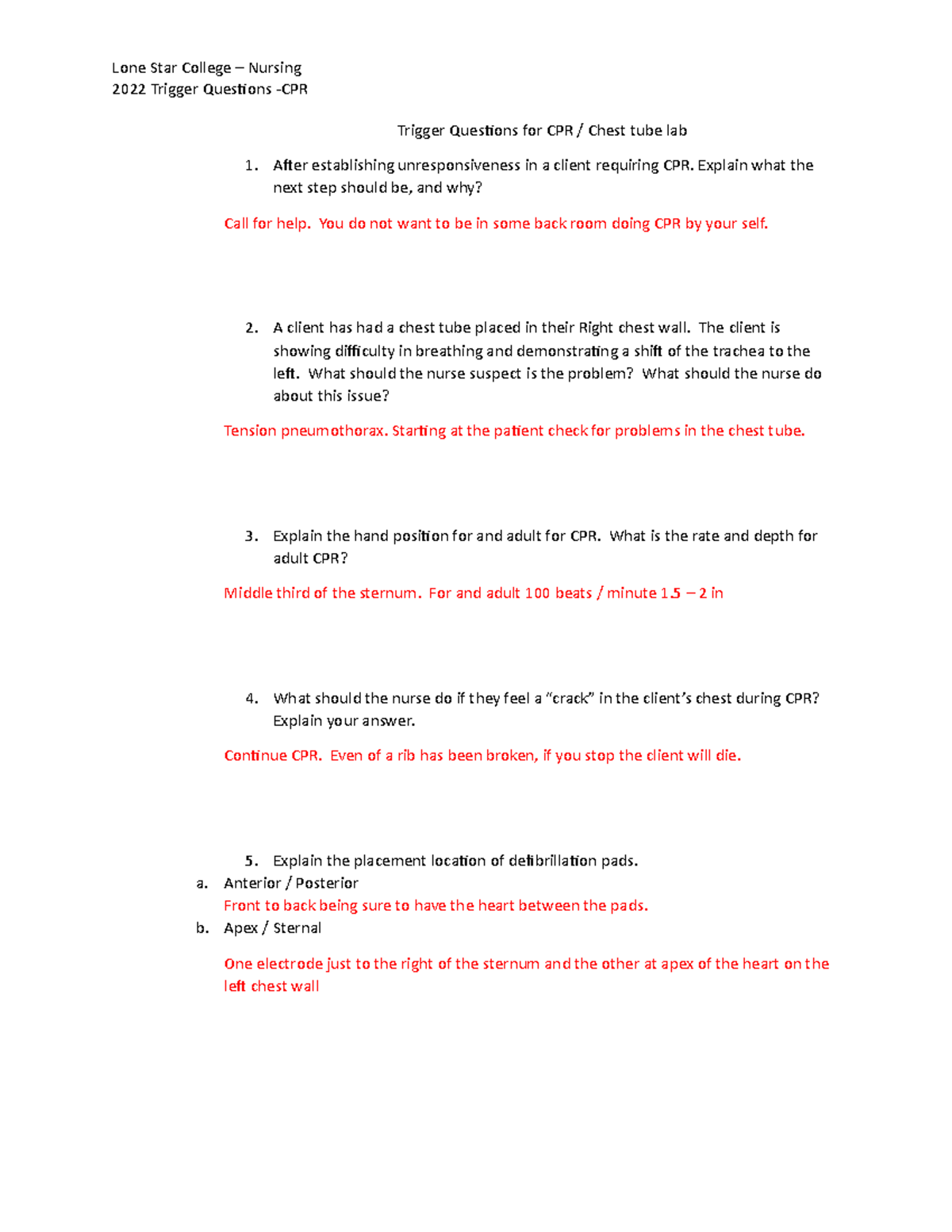 CPR Trigger questions answers Lone Star College Nursing 2022 Trigger Questions CPR