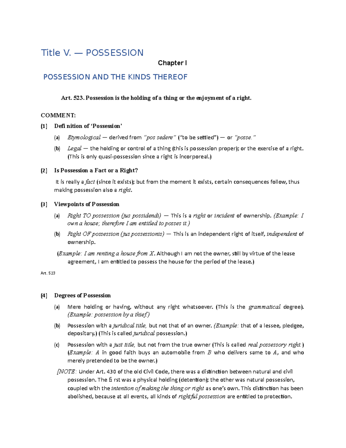 Property law m108 - Title V. — POSSESSION Chapter I POSSESSION AND THE ...
