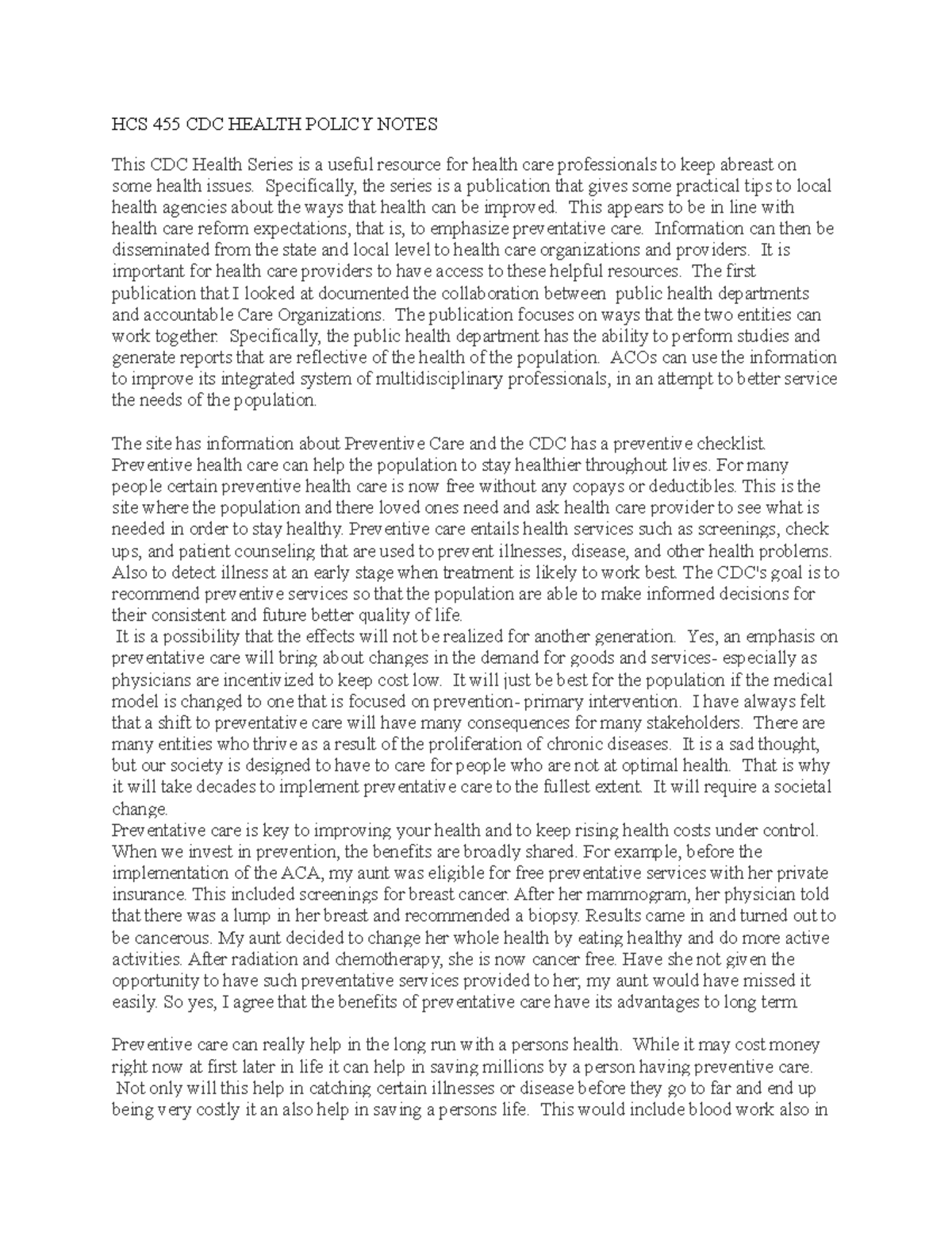 HCS 455 CDC Health Policy Notes - HCS 455 CDC HEALTH POLICY NOTES This ...