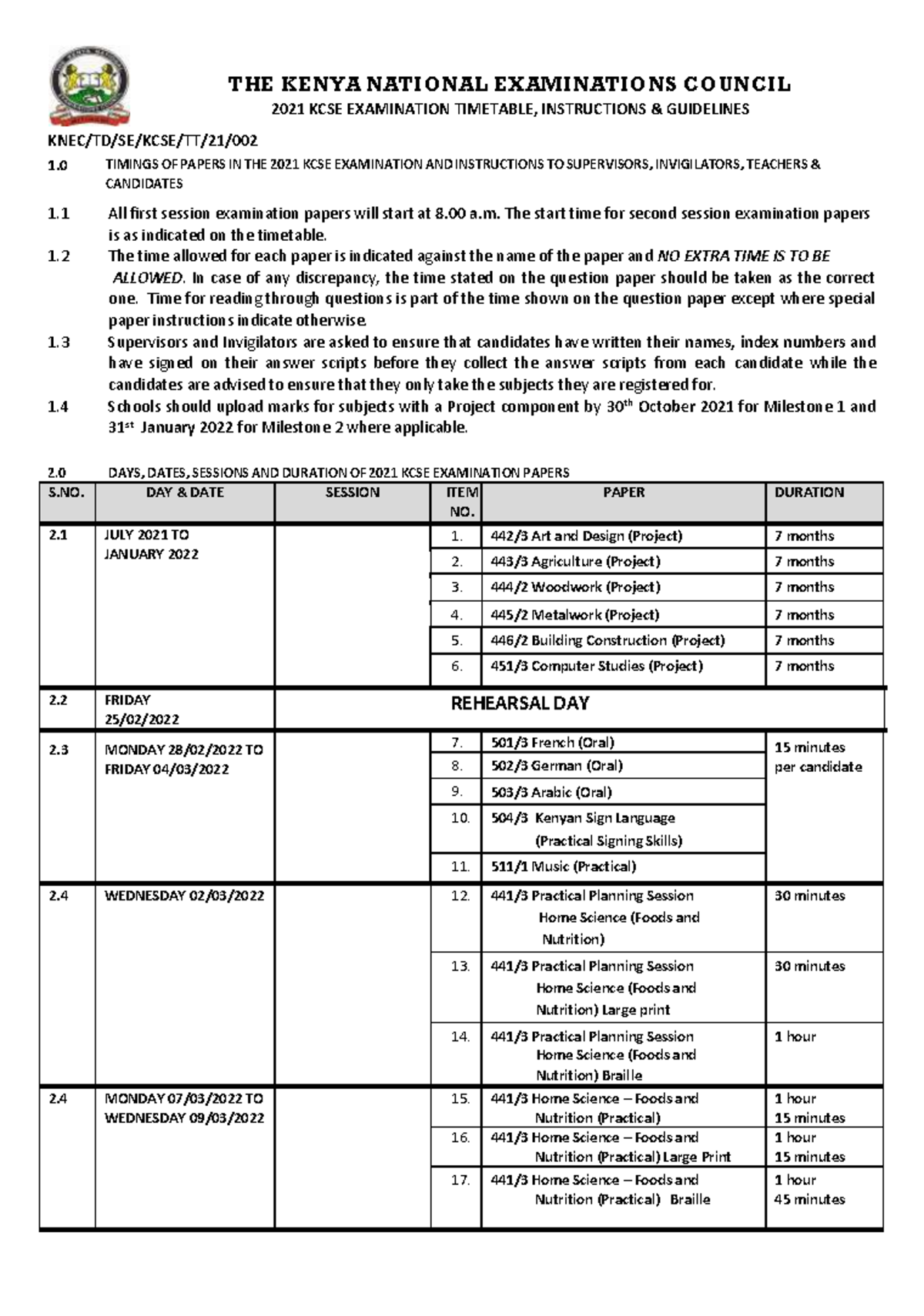 2021-KCSE-Timetable - THE KENYA NATIONAL EXAMINATIONS COUNCIL 2021 KCSE ...