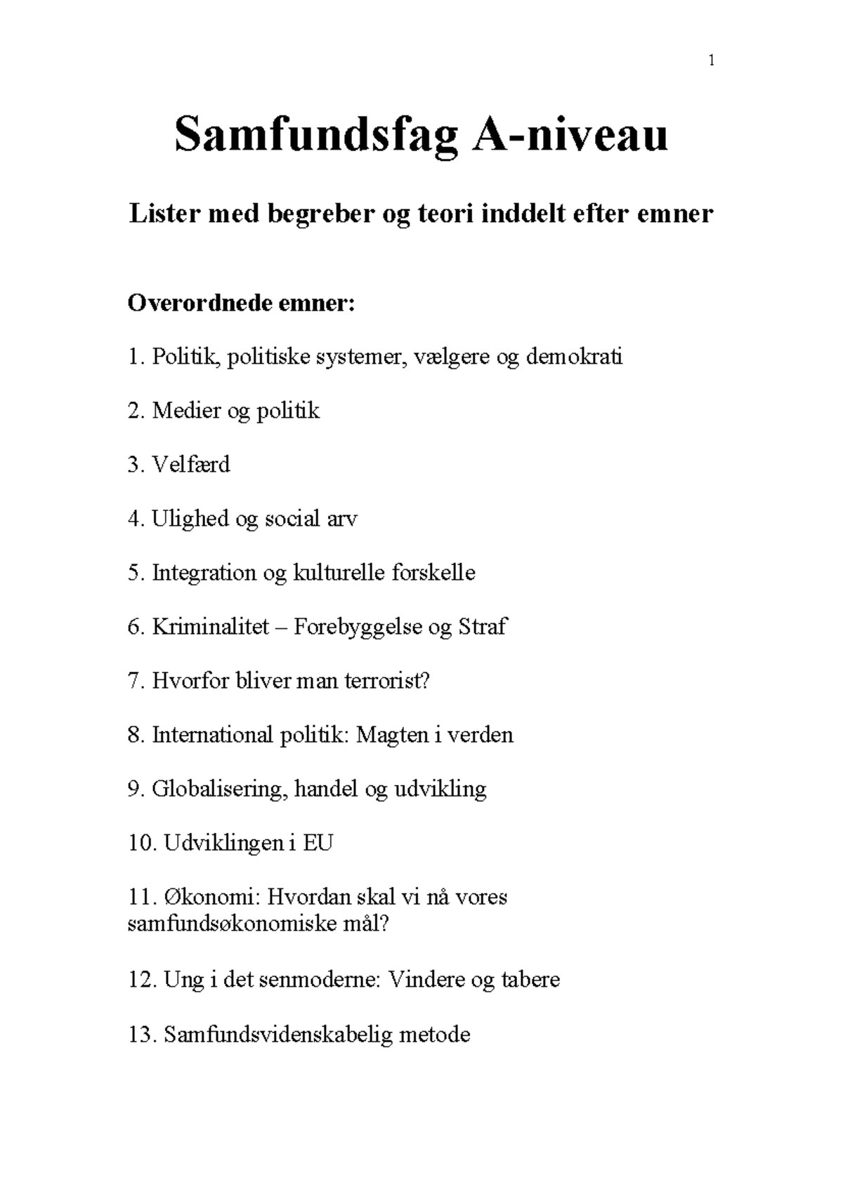 Samf A. Lister Med Begreber + Teori. Inddelt I Temaer - Samfundsfag A ...