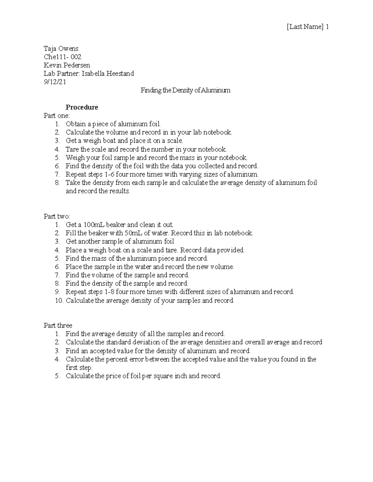 Experiment 3 Lab Report - [last Name] 1 Taja Owens Che111- 002 Kevin 