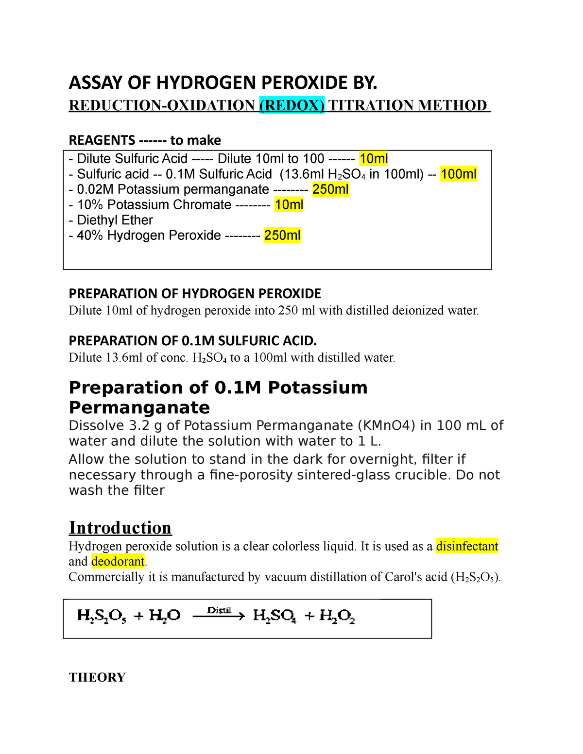 Hydrogen Peroxide Assay ASSAY OF HYDROGEN PEROXIDE BY. REDUCTION