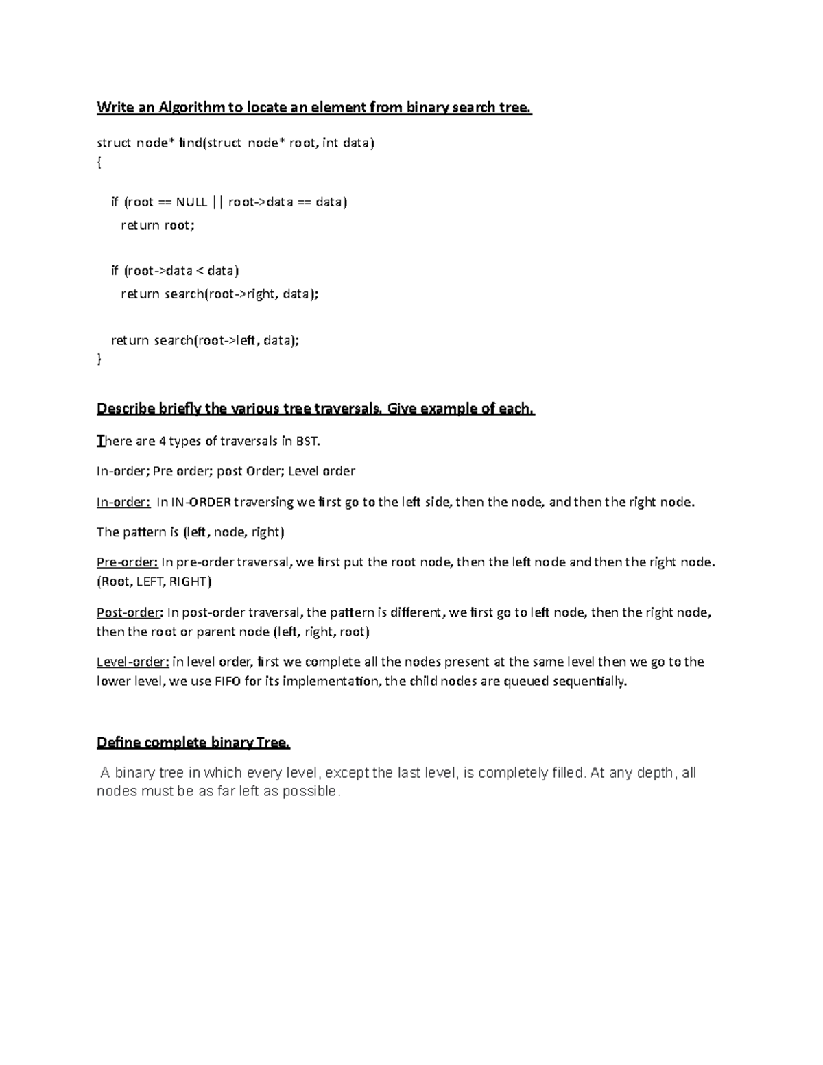 Quiz Brinary Tree Traversing - Write An Algorithm To Locate An Element 