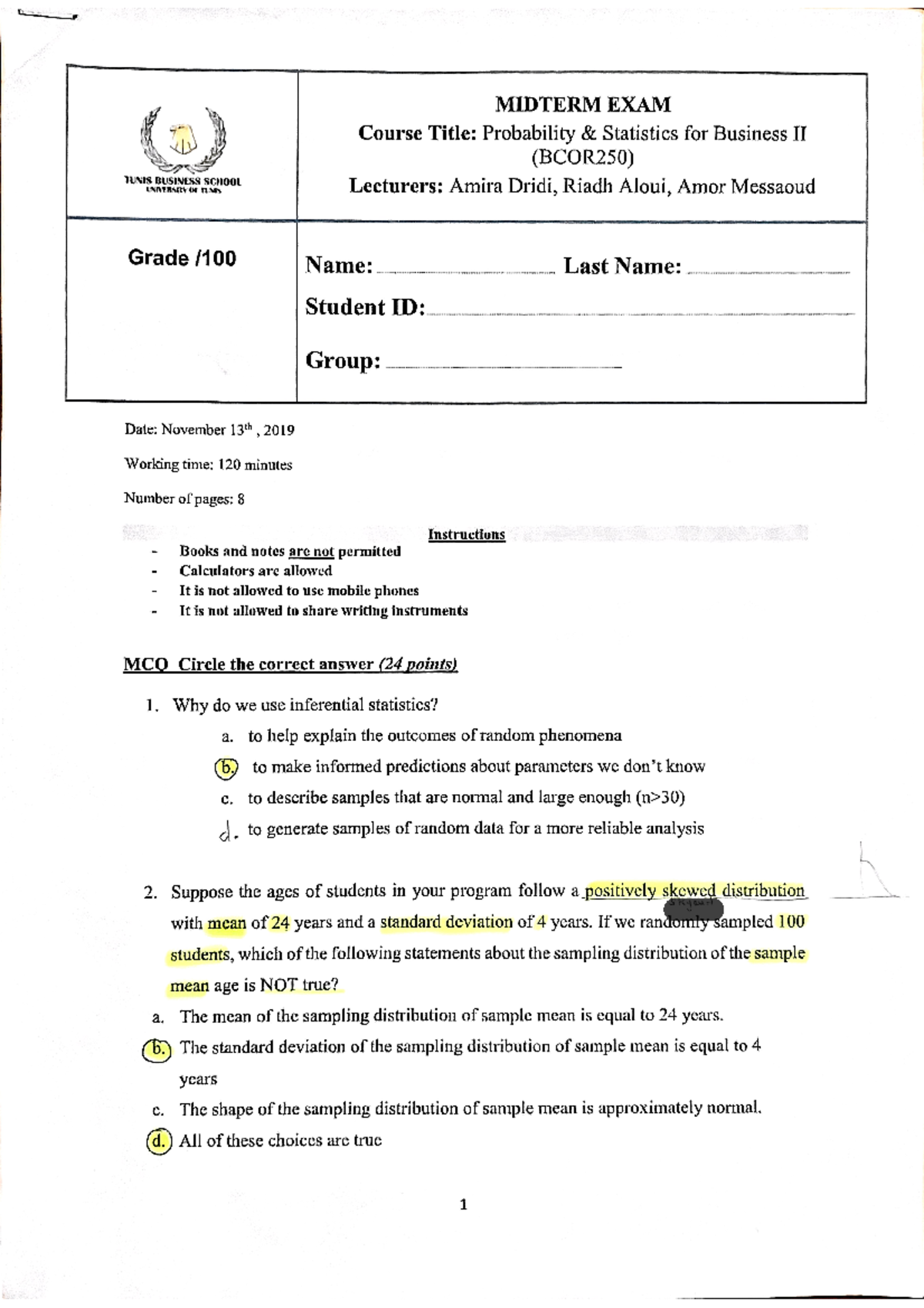 Solution Midterm Fall 2019 - Statistics 2 - Studocu