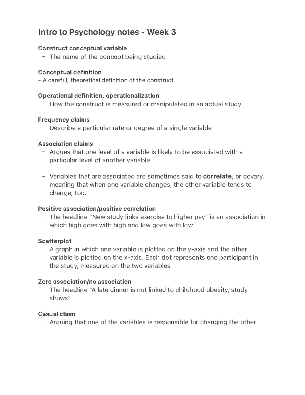Intro to Psychology notes - Week 3 - Variables that are associated are ...