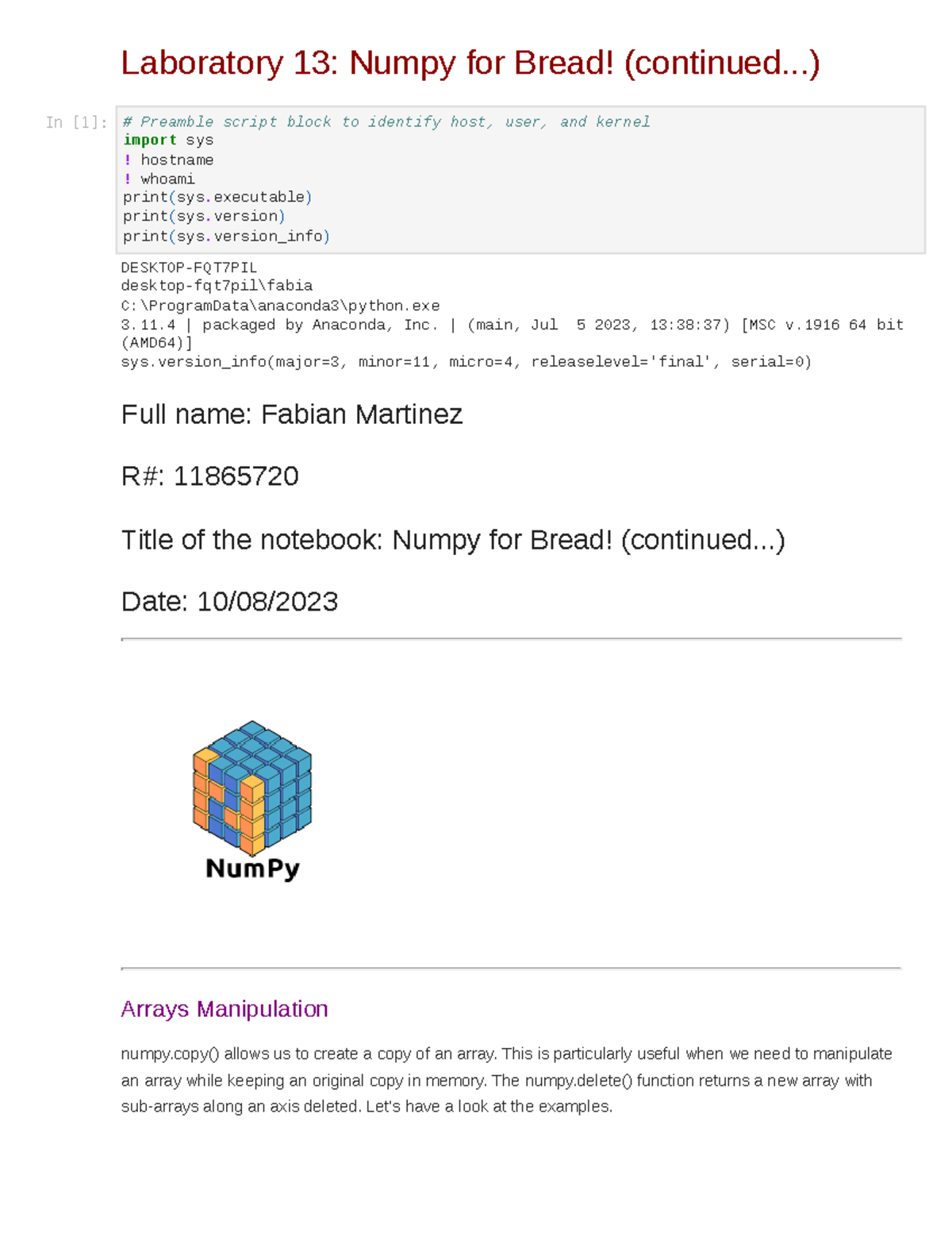 Lab 13 computational - Laboratory 13: Numpy for Bread! (continued ...