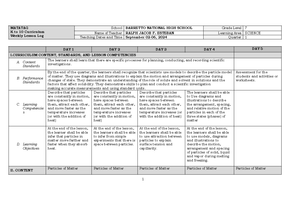 WEEK 2 Lesson Exemplar - MATATAG K to 10 Curriculum Weekly Lesson Log ...
