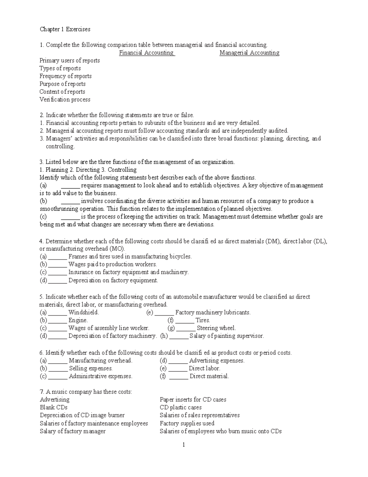 1 - finance - 1 Chapter 1 Exercises Complete the following comparison ...
