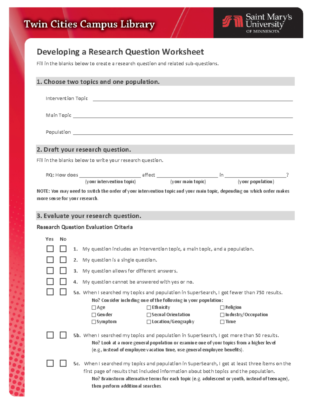 creating a research question worksheet