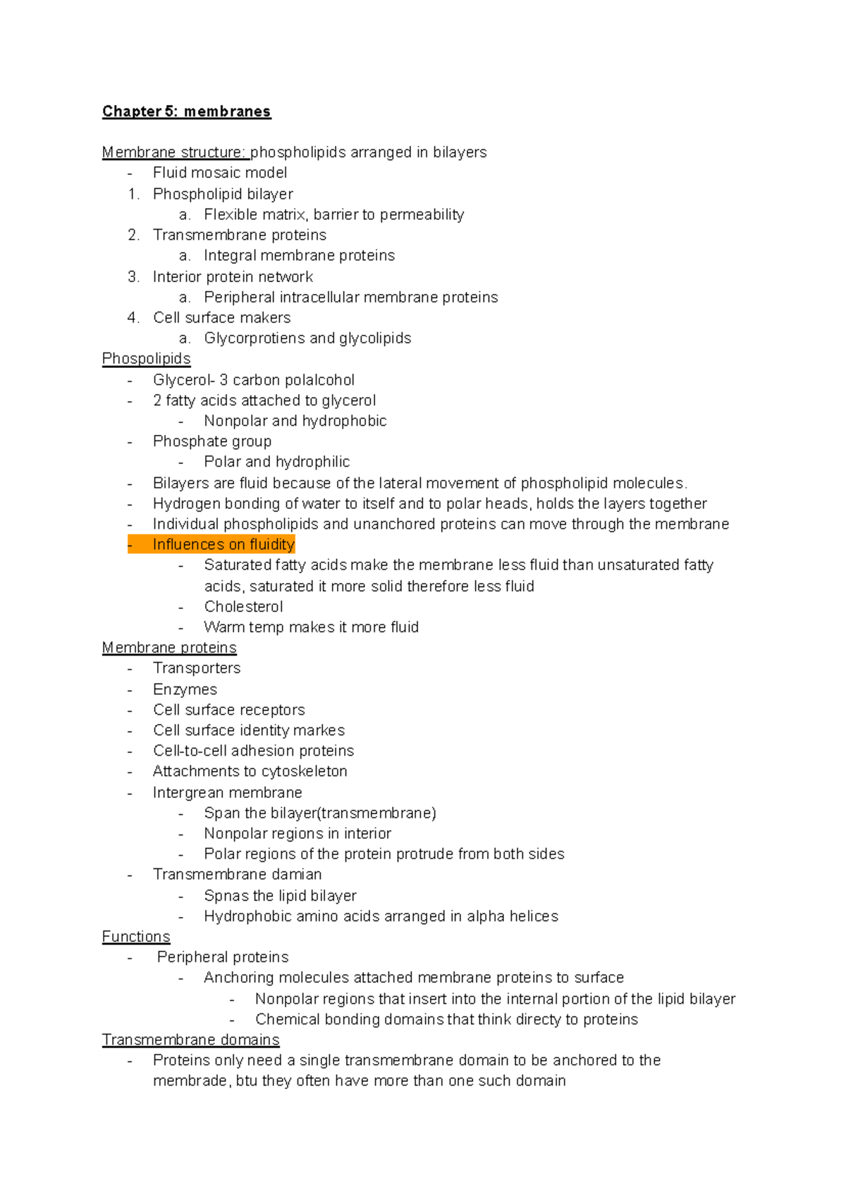 Chapter 5 biology 1 - Chapter 5: membranes Membrane structure ...