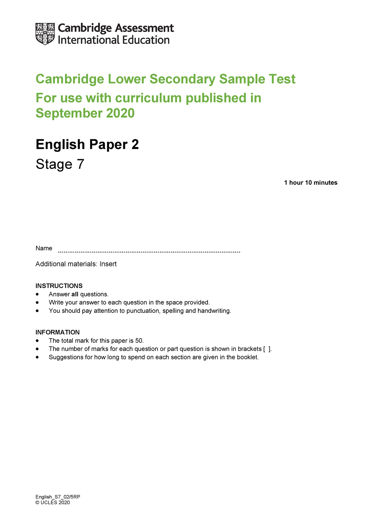 English Stage 7 Sample Paper 2 Tcm143-595363 - English_S7_02/5RP© UCLES ...