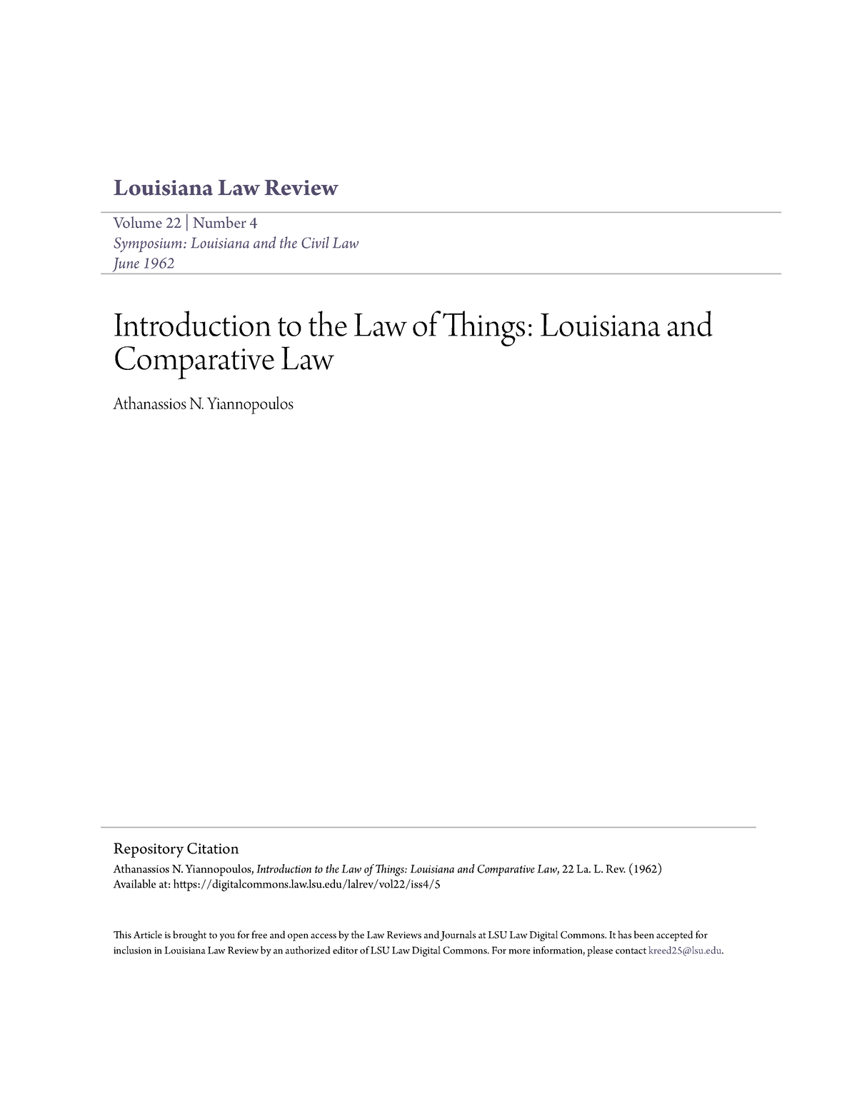 Introduction To The Law Of Things Louisiana And Comparative Law ...