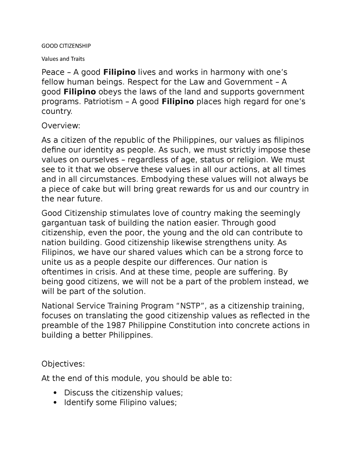 filipino citizenship values essay