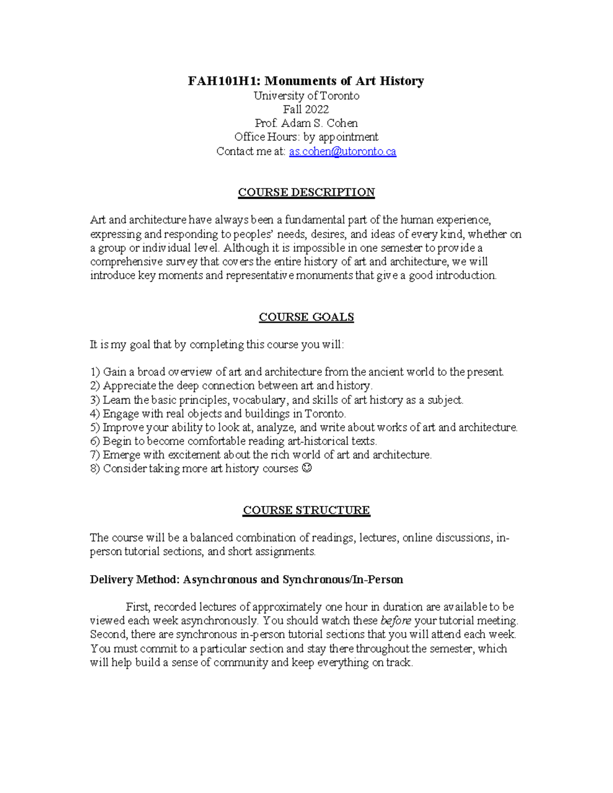 FAH101H1 Monuments of Art History Syllabus FAH101H1 Monuments of Art