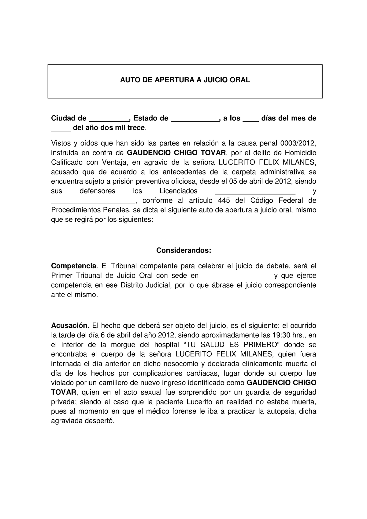 AUTO Apertura Juicio Oral - AUTO DE APERTURA A JUICIO ORAL Ciudad de ...