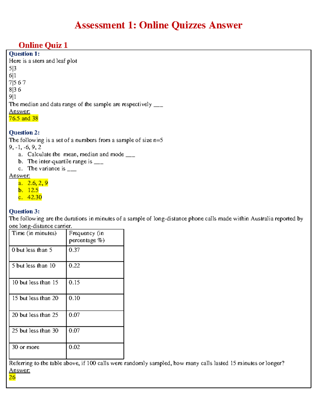 Answer Online Quiz Bstats 1 From Week 1-7 - Assessment 1: Online ...