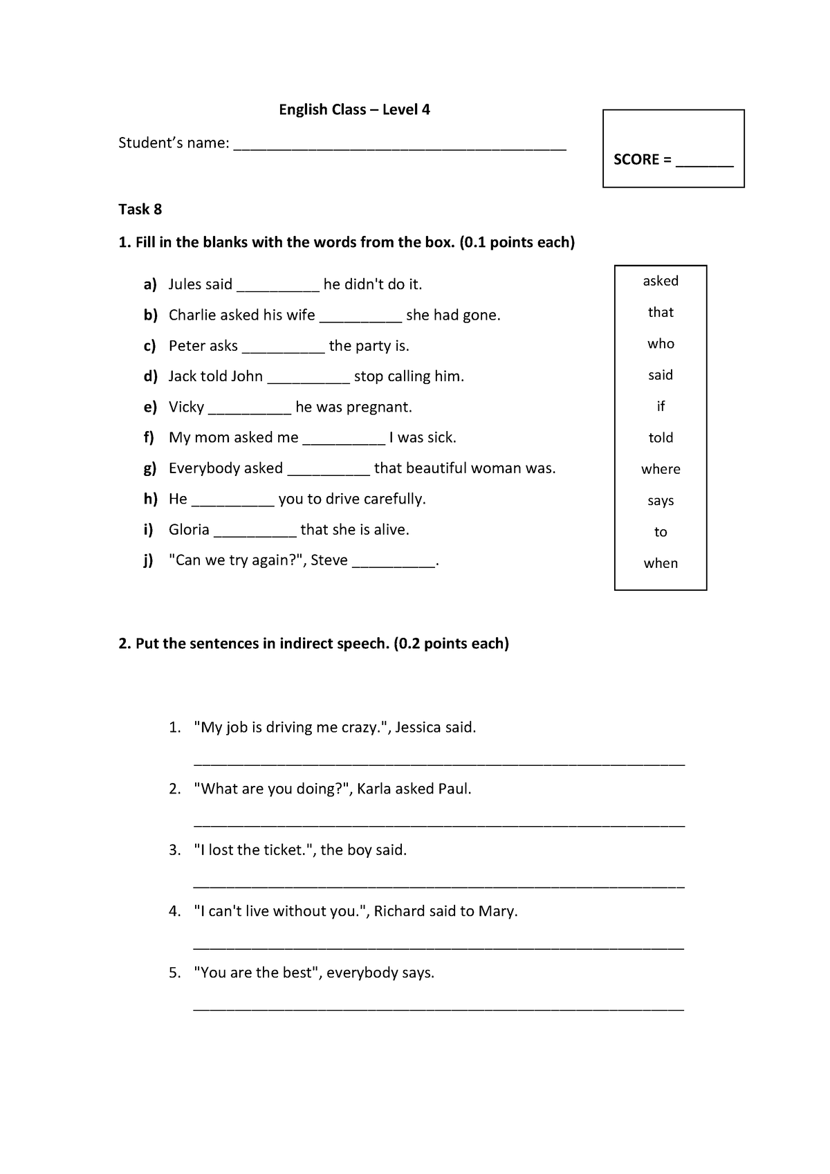 Task 8 - Deber - English Class – Level 4 Student’s name