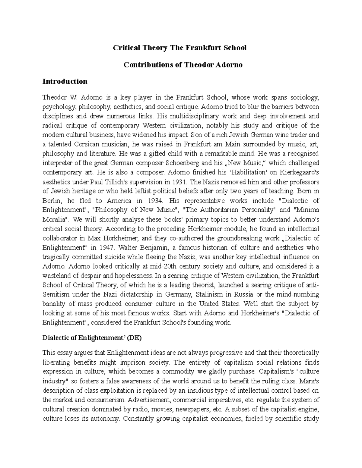 Critical Theory The Frankfurt School Contributions of Theodor Adorno