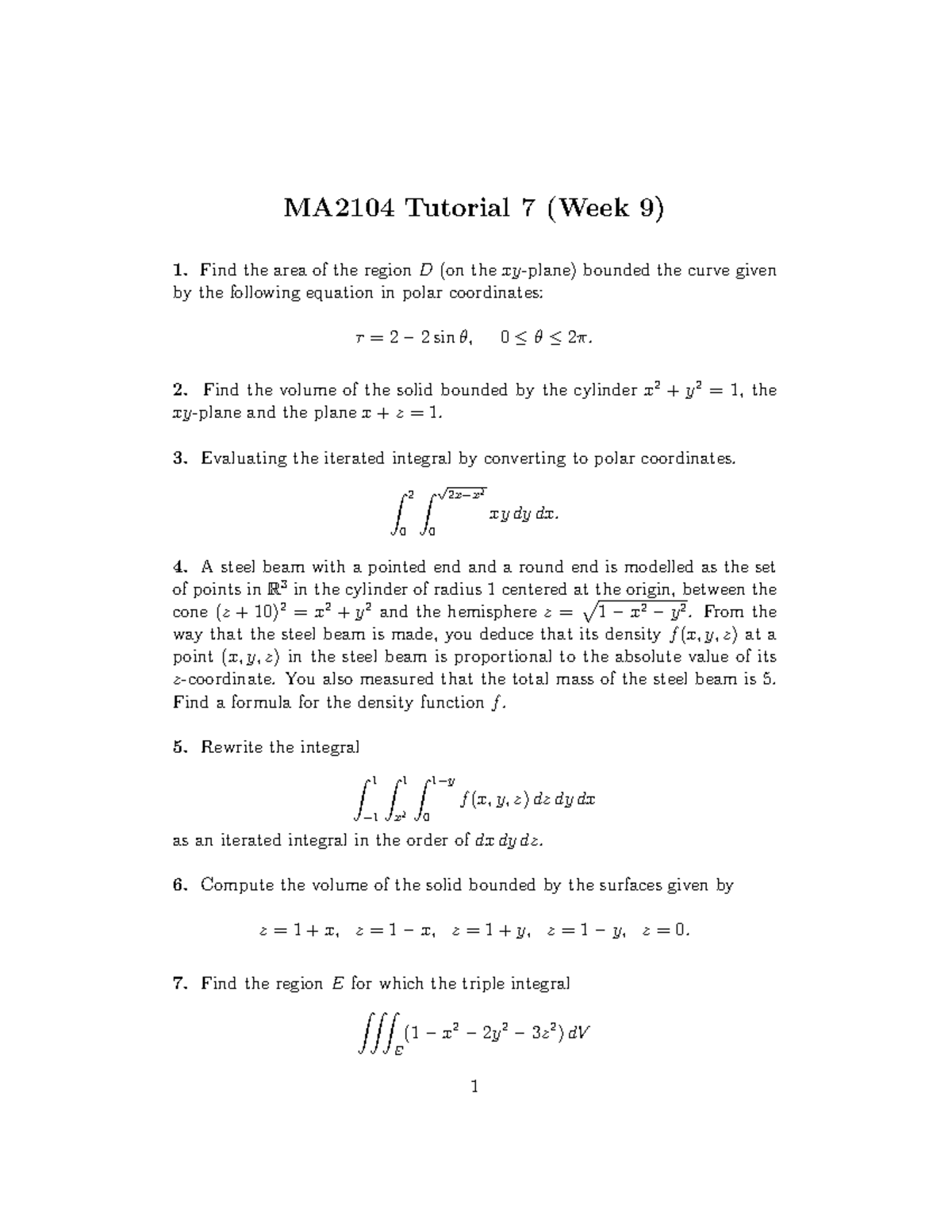 T7 - T7 qns - MA2104 Tutorial 7 (Week 9) Find the area of the region D ...