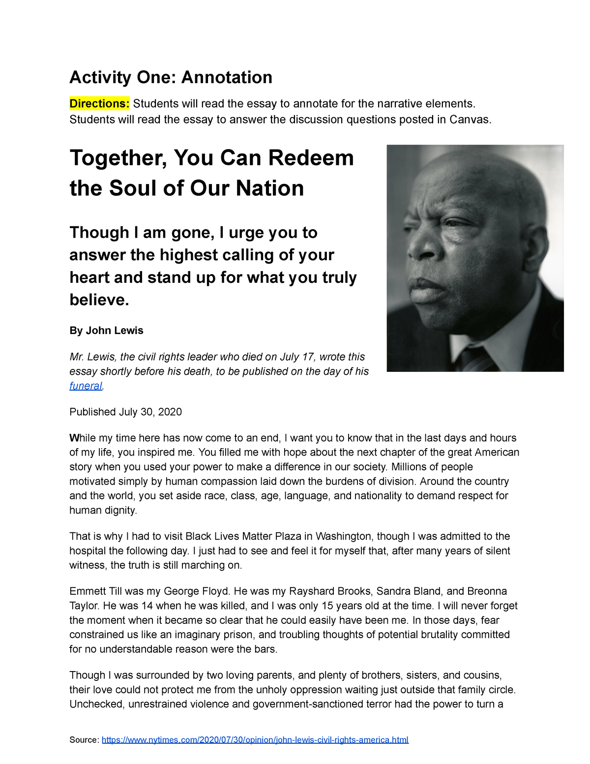 Opinion  John Lewis: Together, You Can Redeem the Soul of Our Nation - The  New York Times