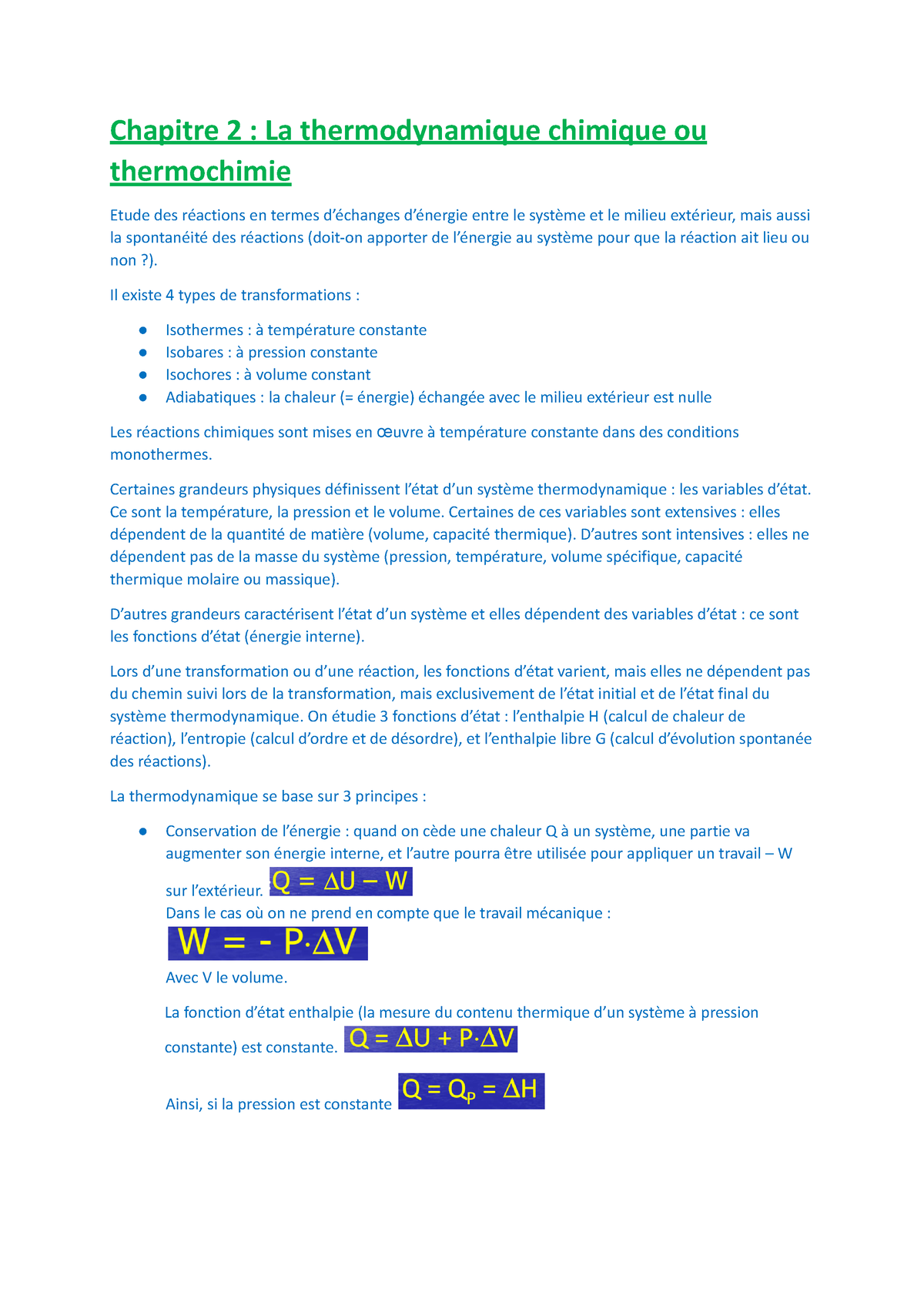 La Thermochimie - Rennes 1 - Chapitre 2 : La Thermodynamique Chimique ...