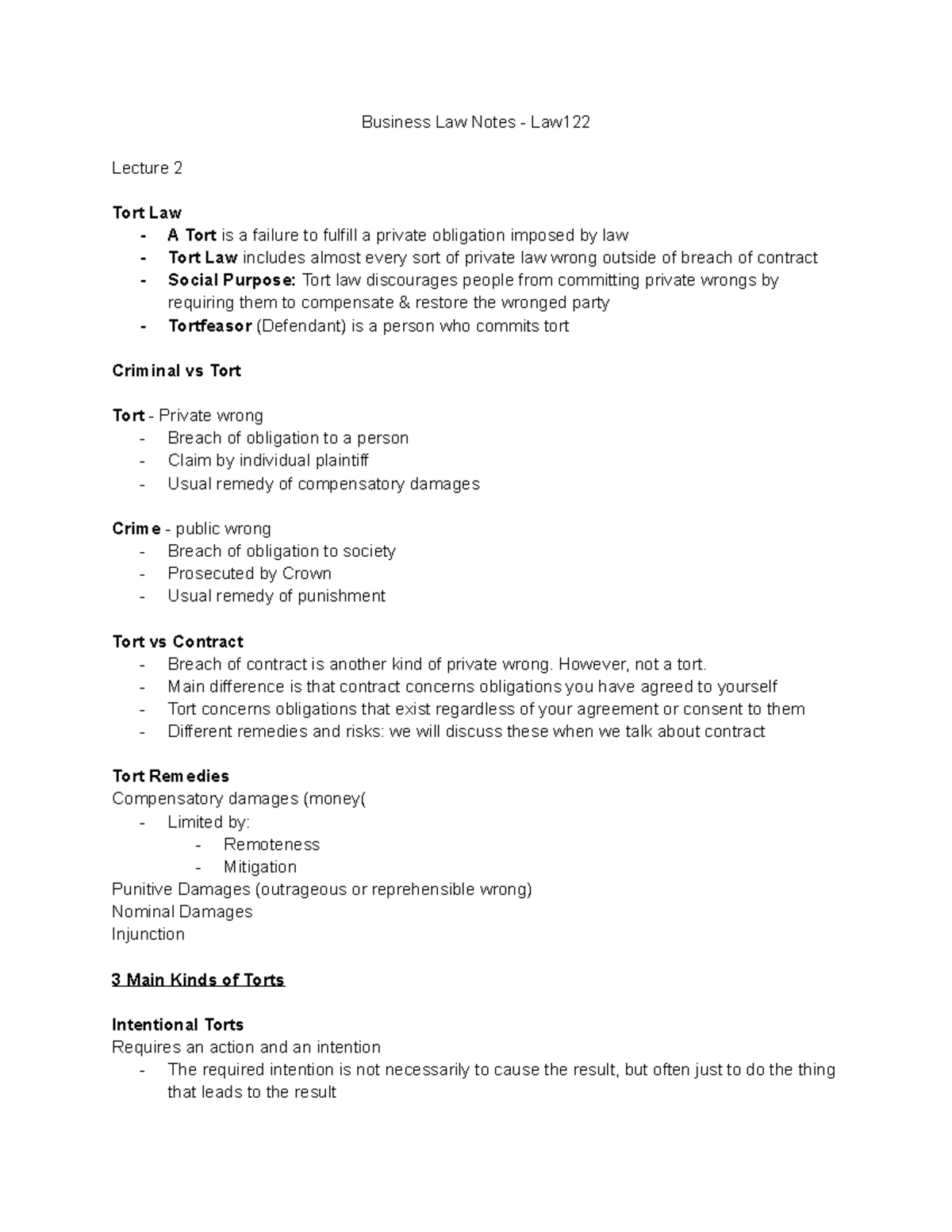 Law122 Lecture 2 (not Finished) - Business Law Notes - Law Lecture 2 ...