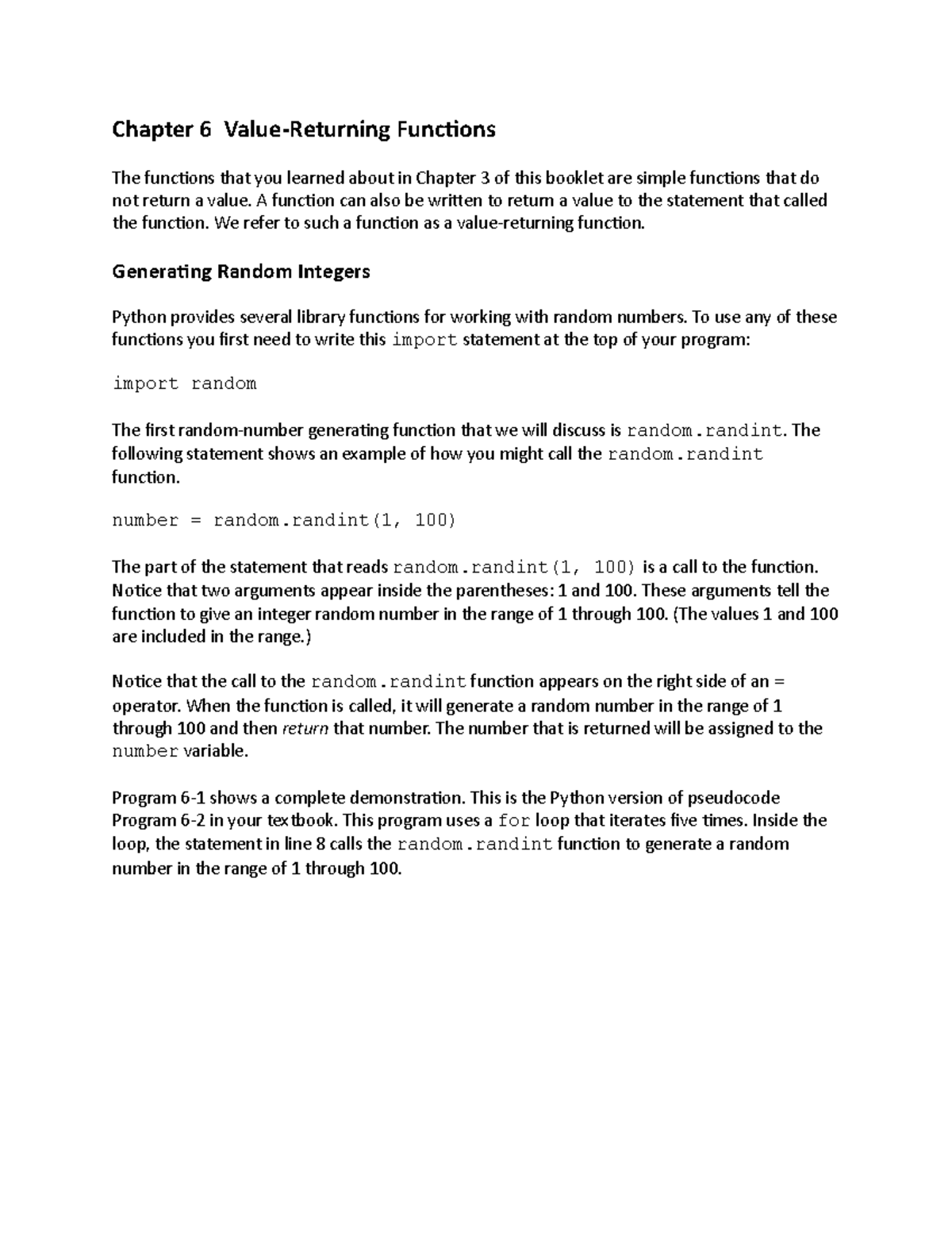 Instructior Companion Chapter 6 Value Returning Functions - Chapter 6 ...