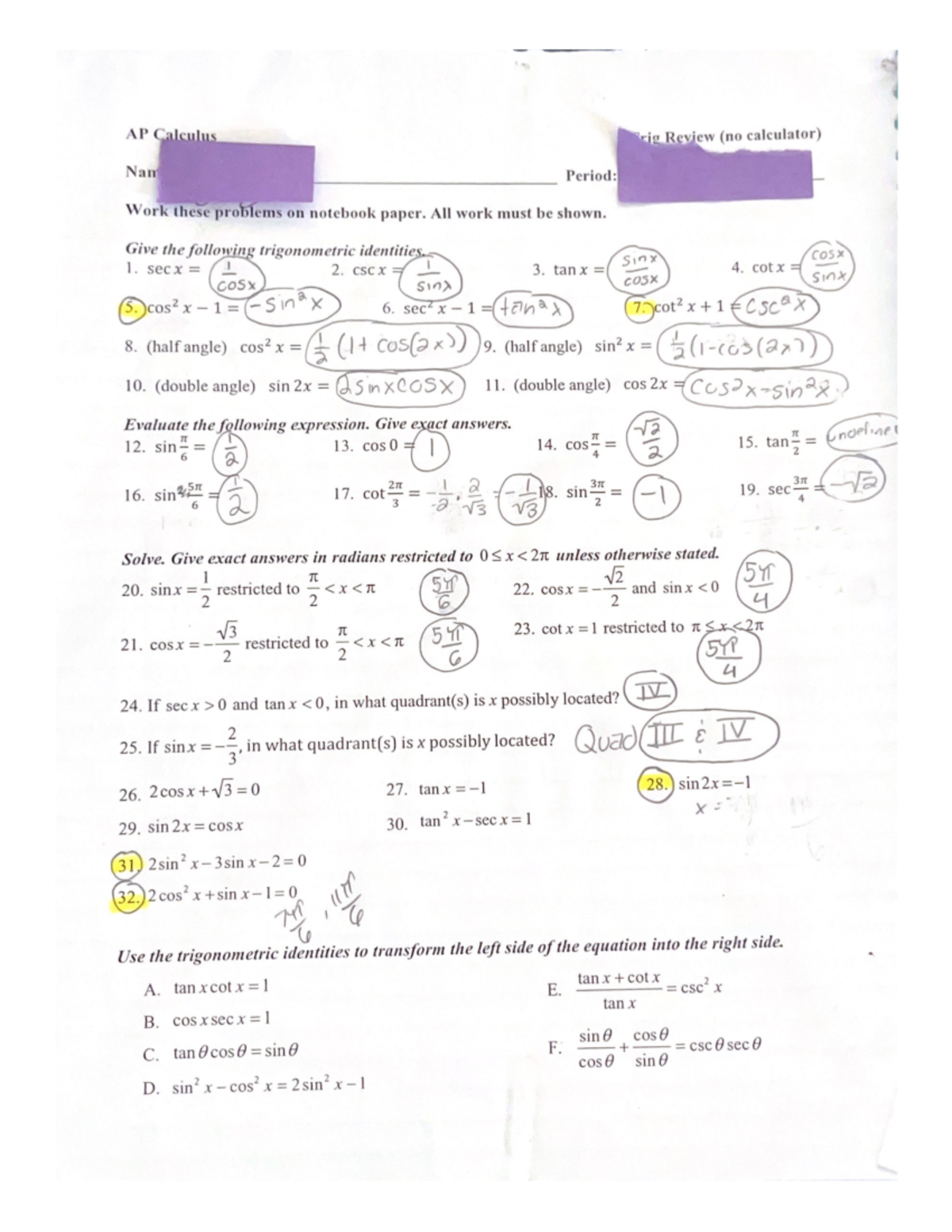 trigonometry homework