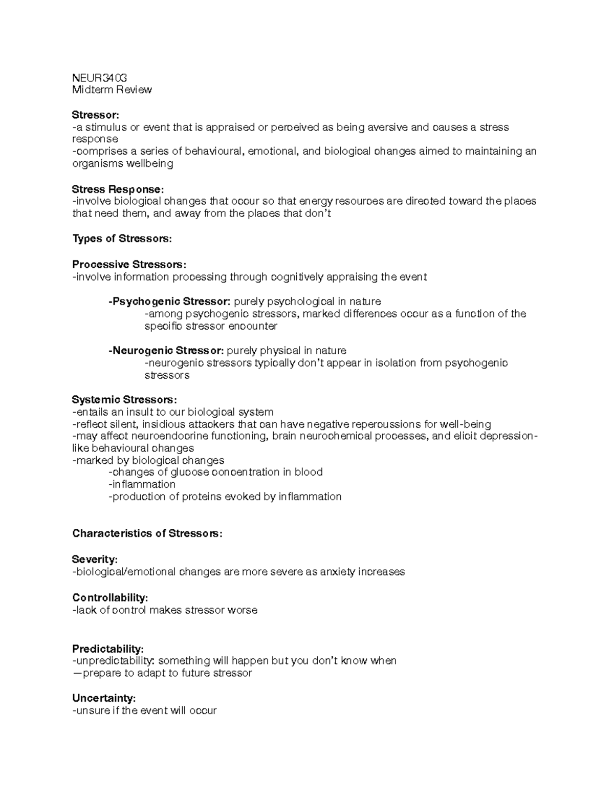 NEUR3403 Midterm Review PDF - NEUR Midterm Review Stressor: -a stimulus ...