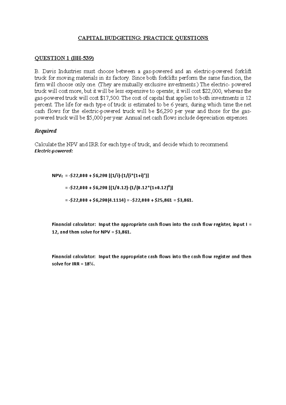 Capital Budgeting Practice Questions QUE - CAPITAL BUDGETING: PRACTICE ...