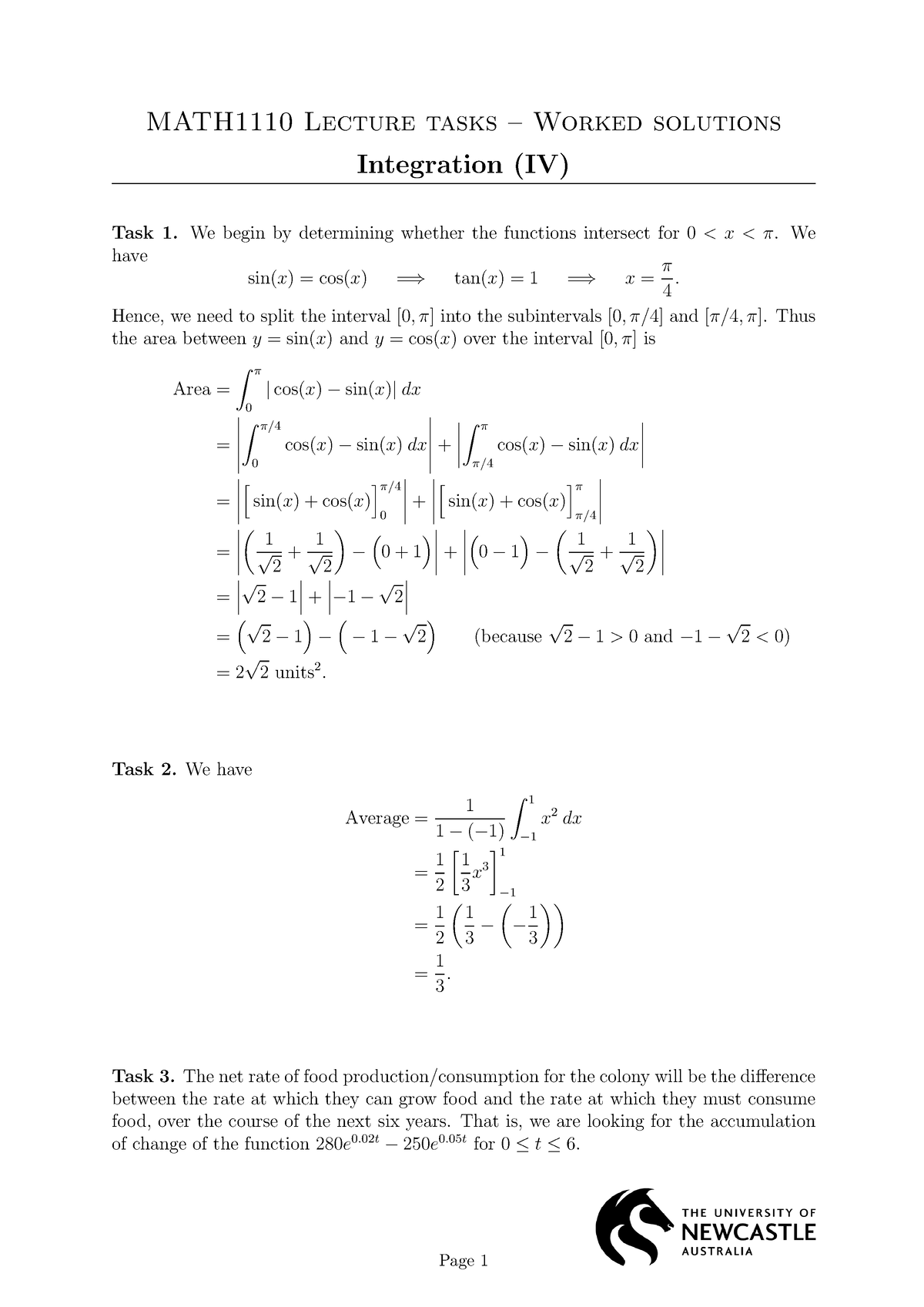 22. Integration (IV) - Task Solutions - MATH1110 Lecture Tasks – Worked ...