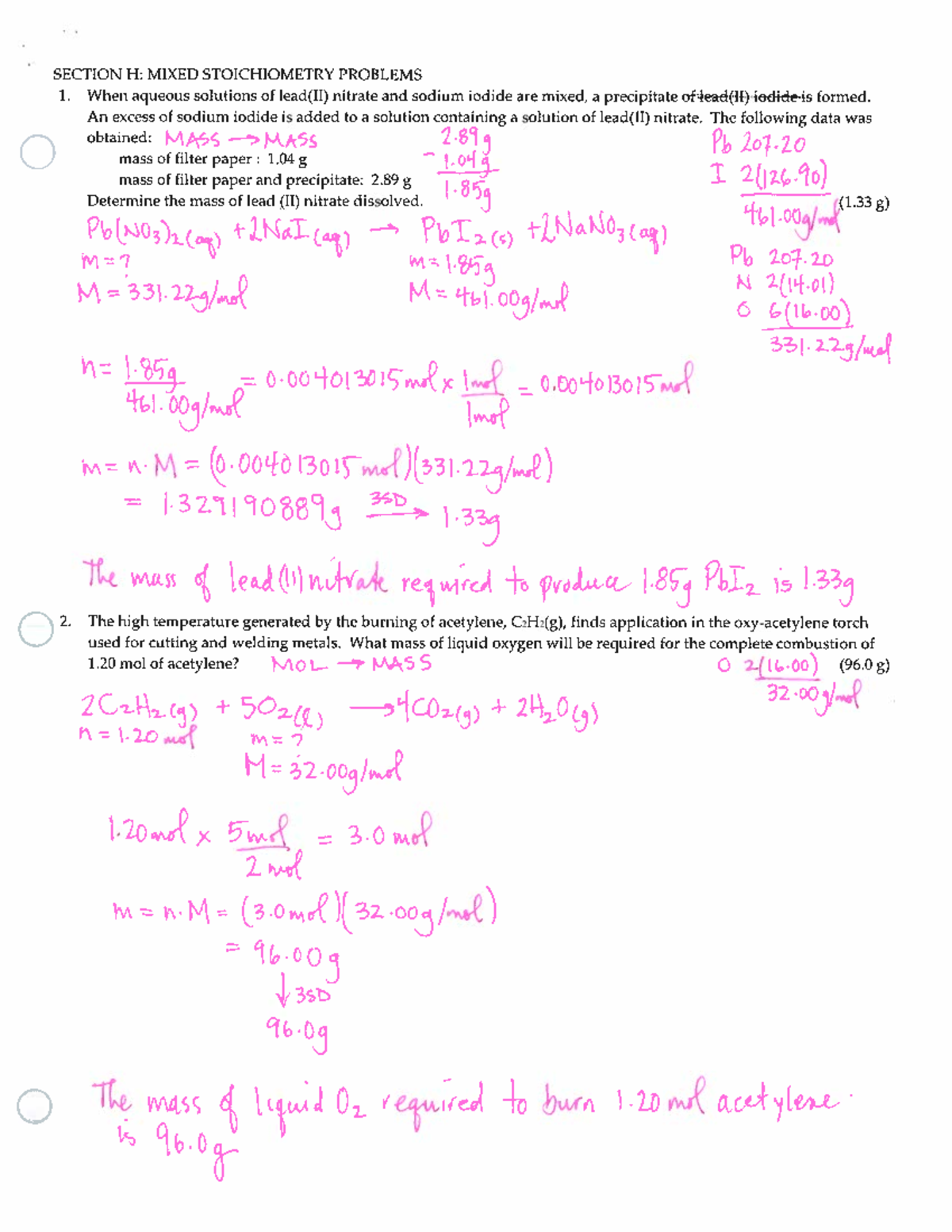 Stoich Wkbk Section H Answer Key - NFDN2700 - Studocu