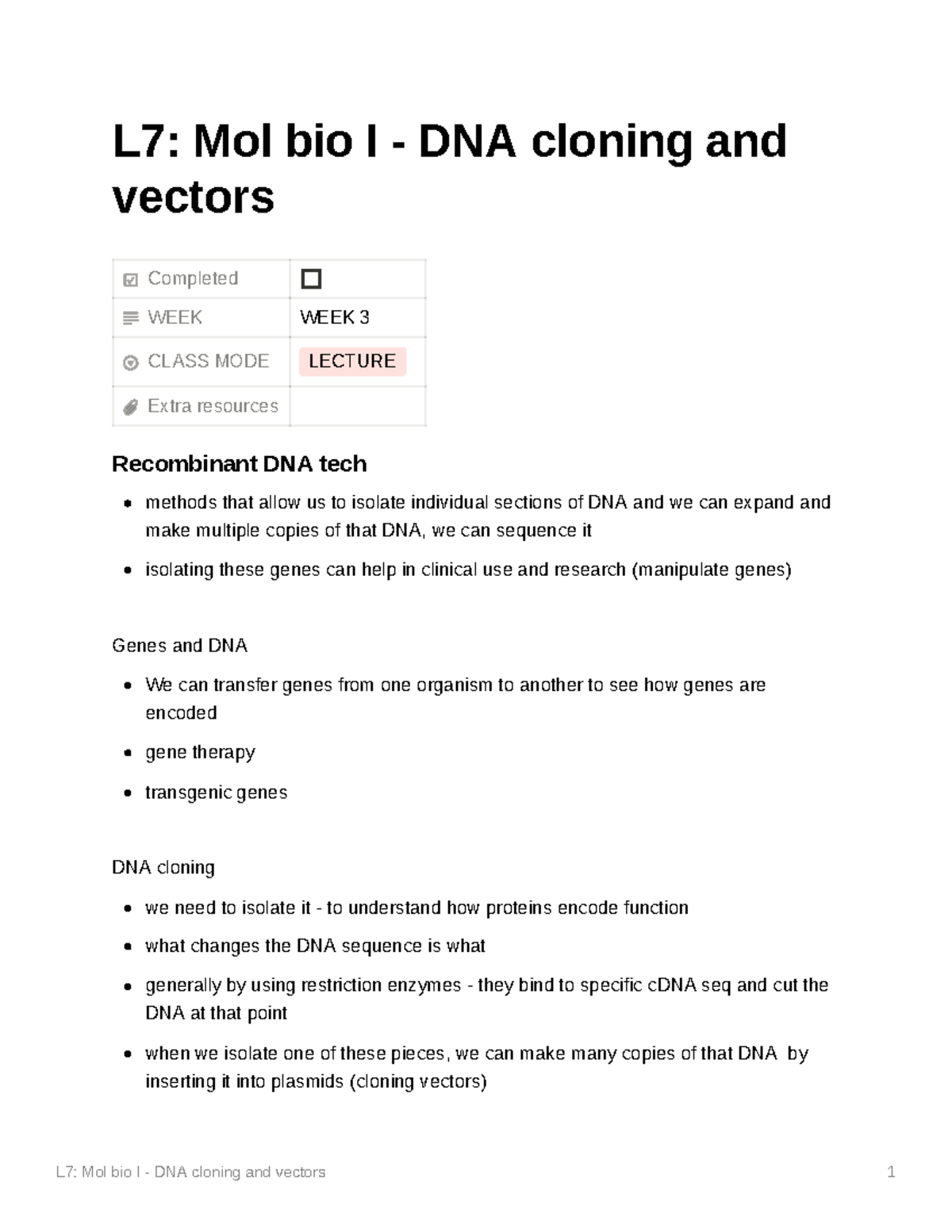 L7 Molecular Biology I Cloning and vectors L7 Mol bio I DNA