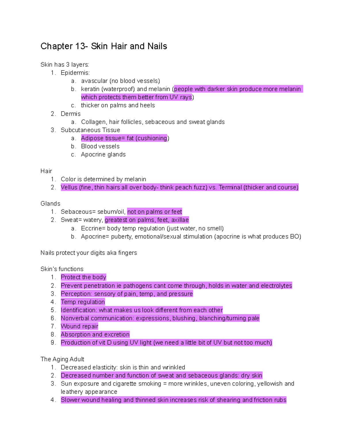 Ch 13 Health Assessment SG - Chapter 13- Skin Hair And Nails Skin Has 3 ...