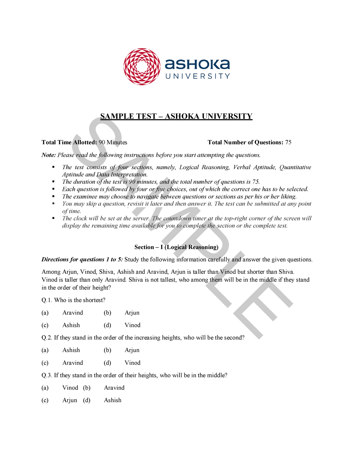Ashoka University Sample AAT SAMPLE SAMPLE TEST ASHOKA UNIVERSITY Total Time Allotted 90