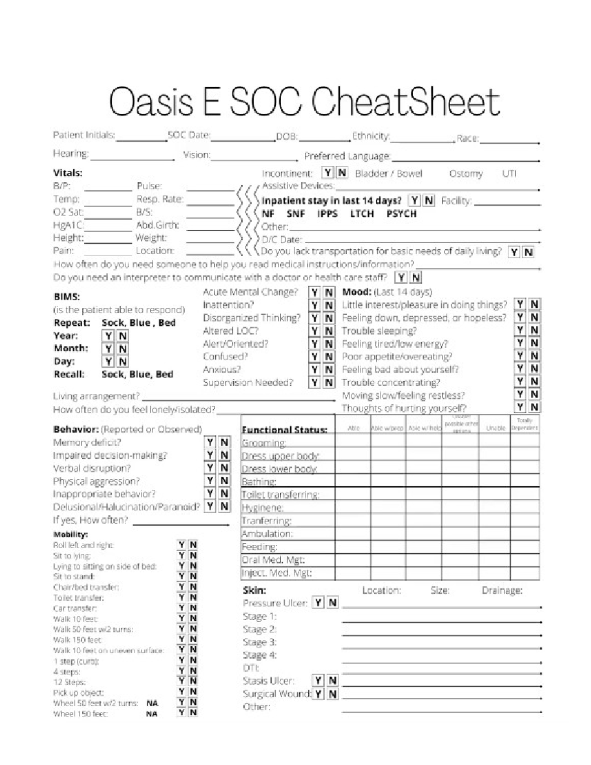 Oasis E Cheat Sheet Nurse Oasis E SOC CheatSheet Patient Initials Oasis E Cheat Sheet Nurse Oasis E SOC CheatSheet Patient Initials