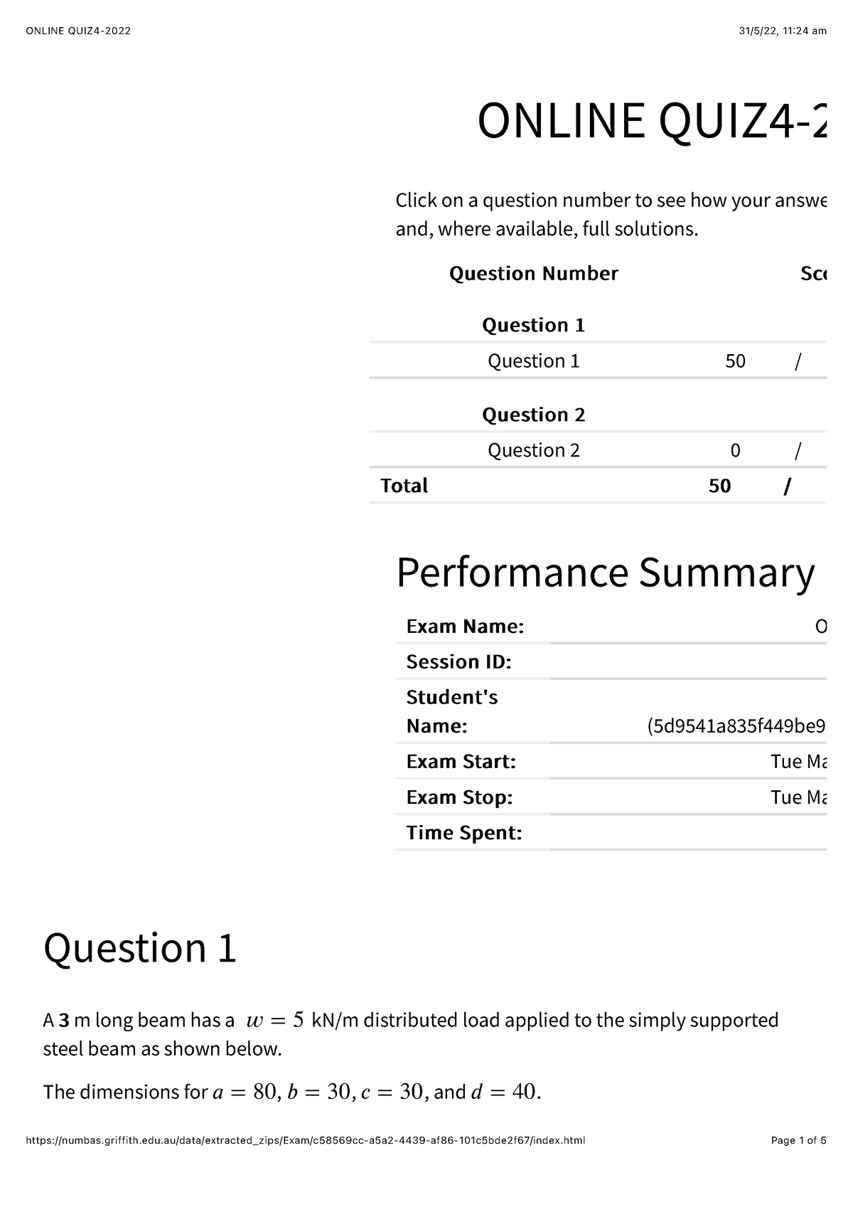 Online QUIZ4-2022 - Quiz 4 - ONLINE QUIZ4- Question 1 A 33 M Long Beam ...