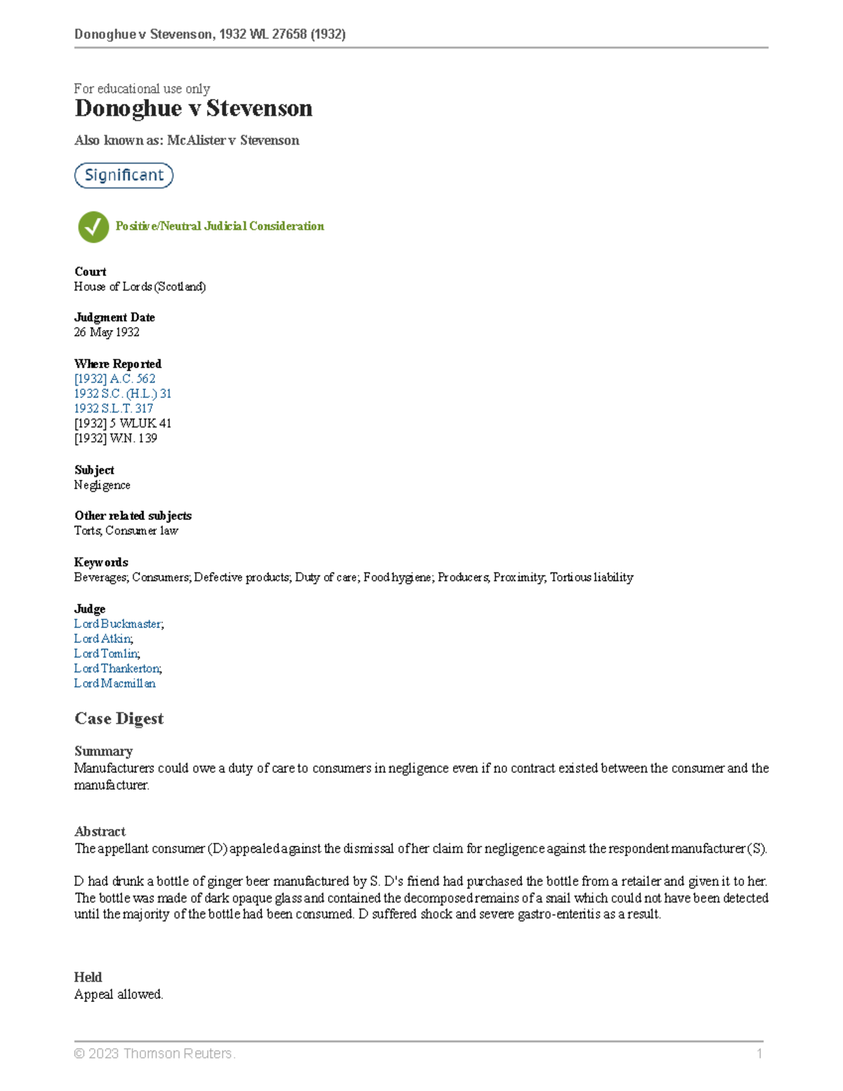 Donoghue v Stevenson - law - Donoghue v Stevenson, 1932 WL 27658 (1932 ...