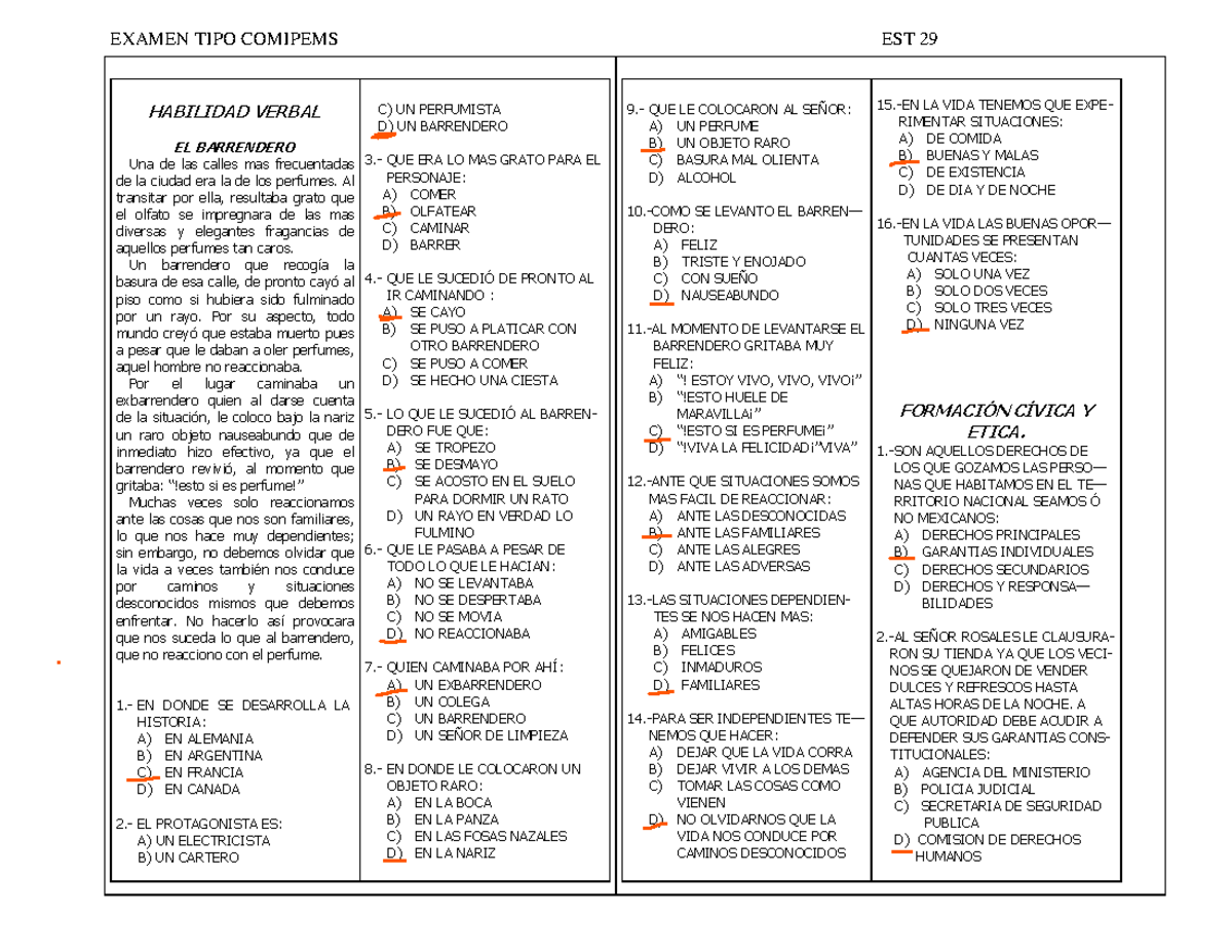 Examen Comipems Resuelto - EXAMEN TIPO COMIPEMS EST 29 HABILIDAD VERBAL