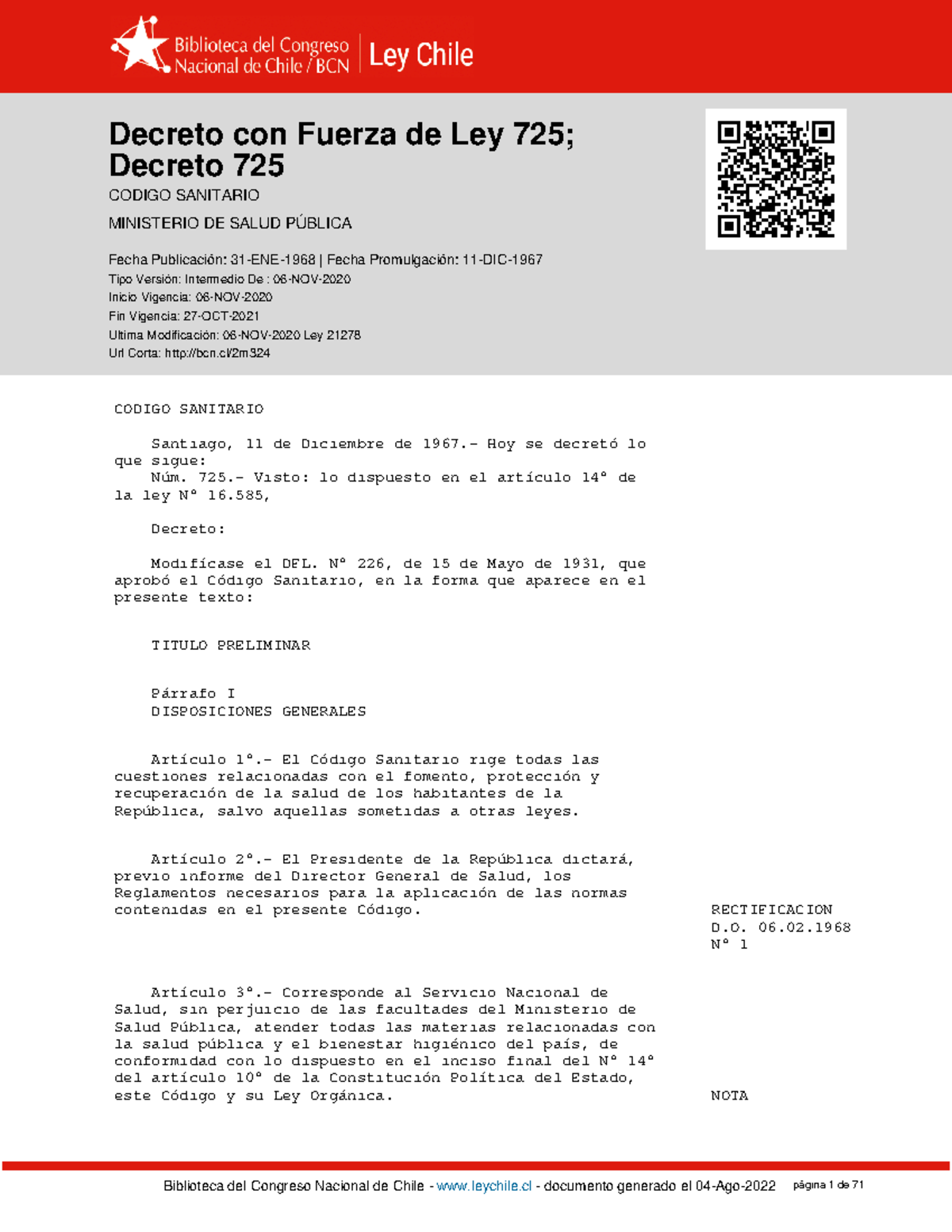 DFL-725 31-ENE-1968 - Miau - Decreto Con Fuerza De Ley 725; Decreto 725 ...