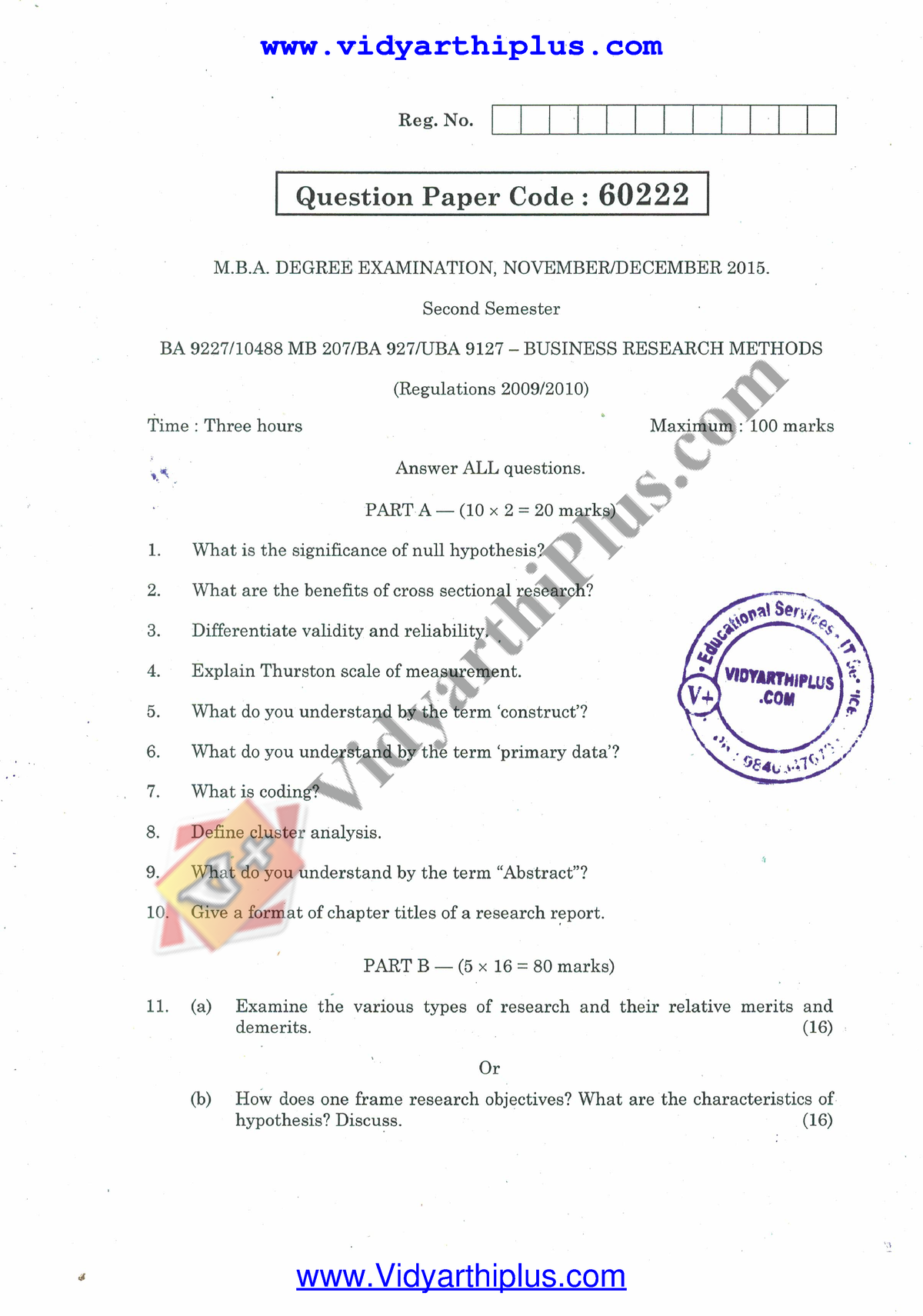 business research methods previous year question paper