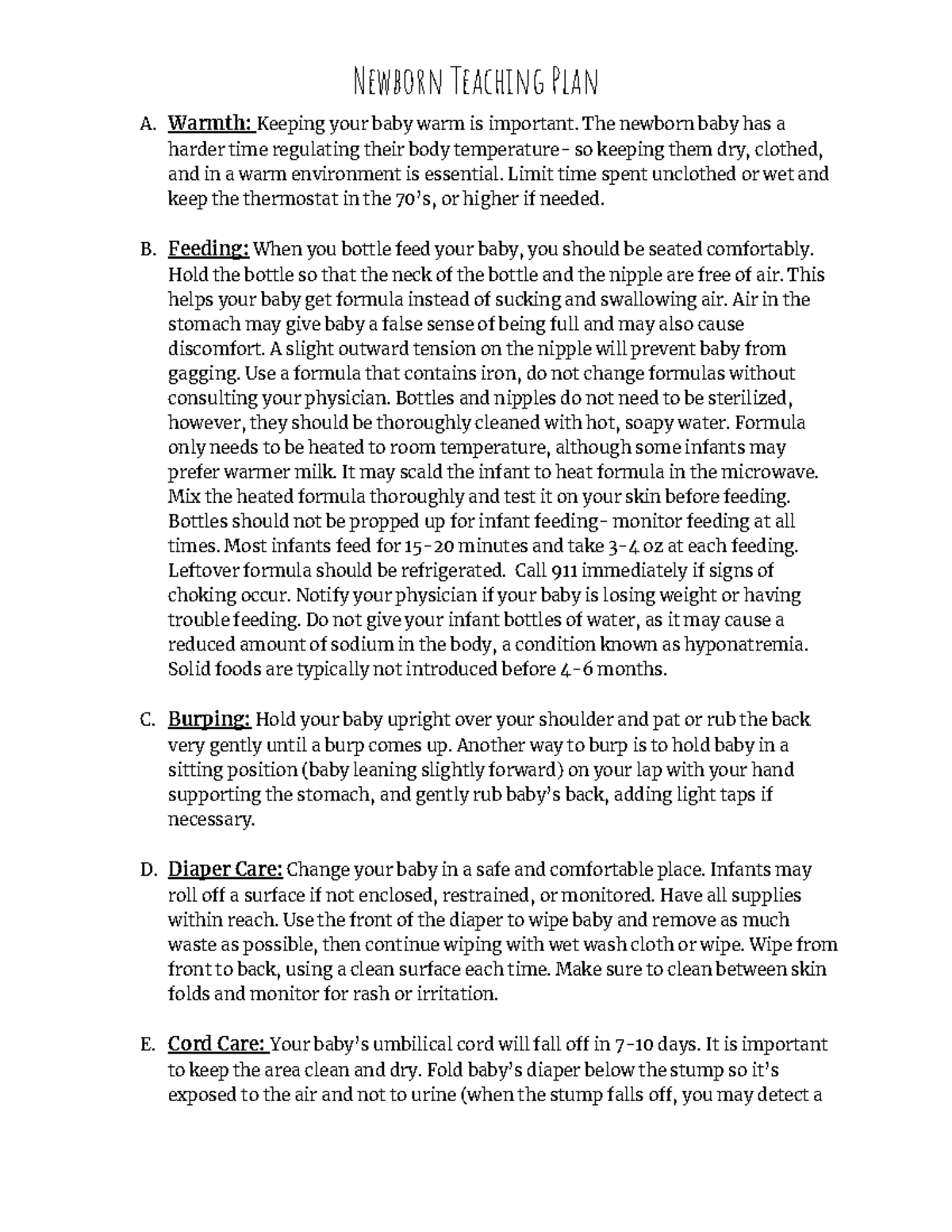 Newborn Teaching Plan Warmth Keeping your baby warm is important